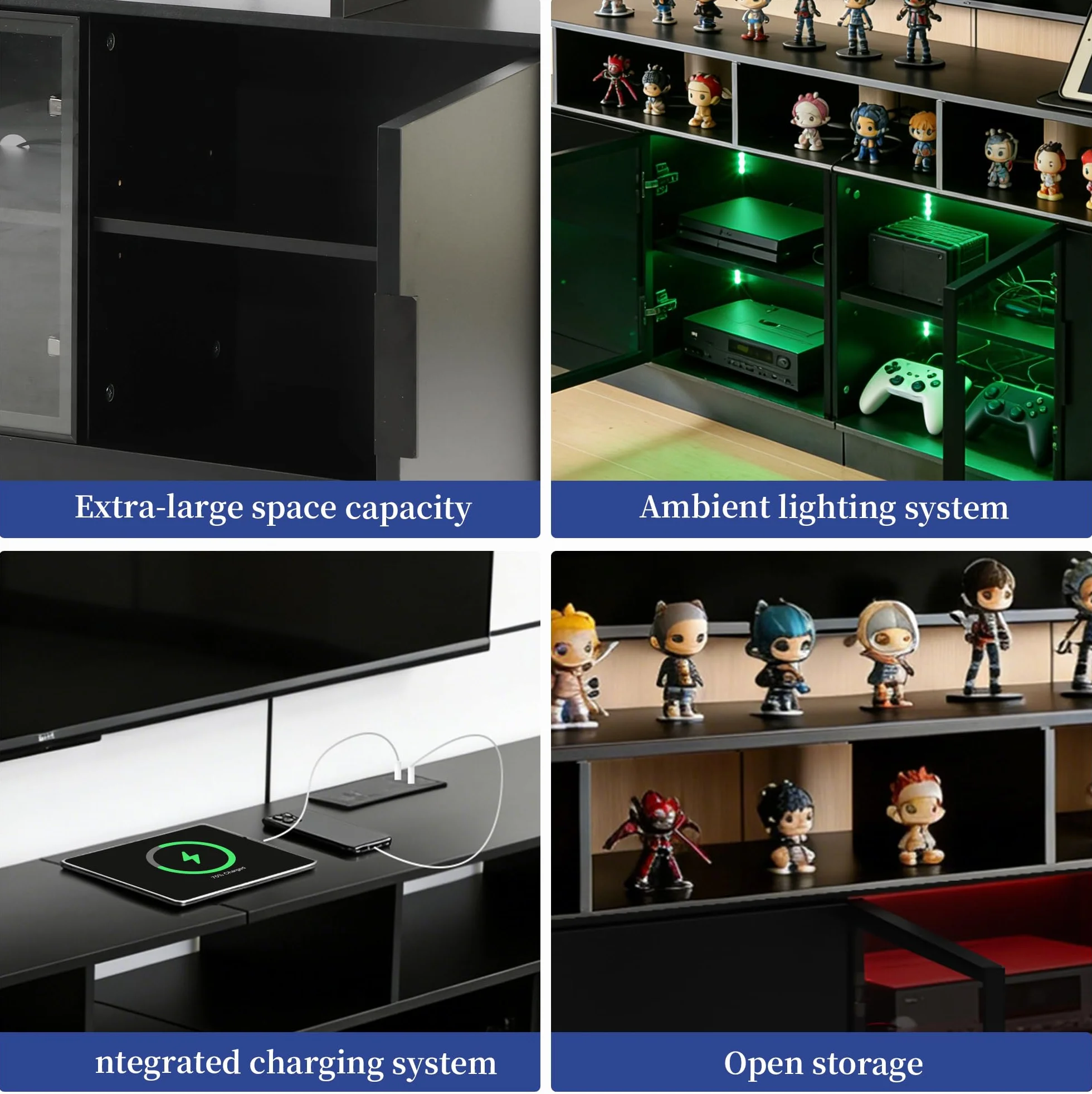 70-Inch Black TV Cabinet,Equipped with A USB Charging Strip,6 Large Storage Spaces,2 Glass Doors with Built-in Ambient Lighting,Serving as A Media and Entertainment Cabinet