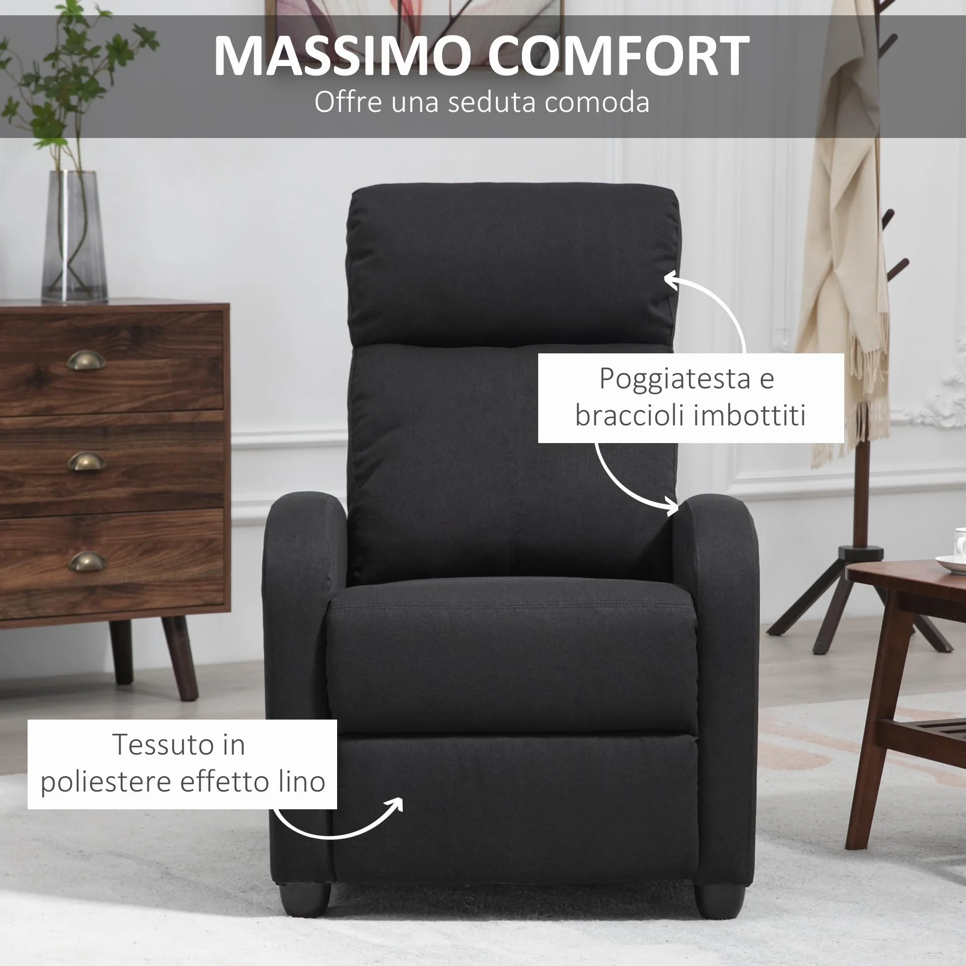 HOMCOM Manual Reclining Relax Armchair with Footrest, Reclining Armchair Upholstered in Linen and Steel Effect Fabric for Bedroom, Living Room and Living Room, Black