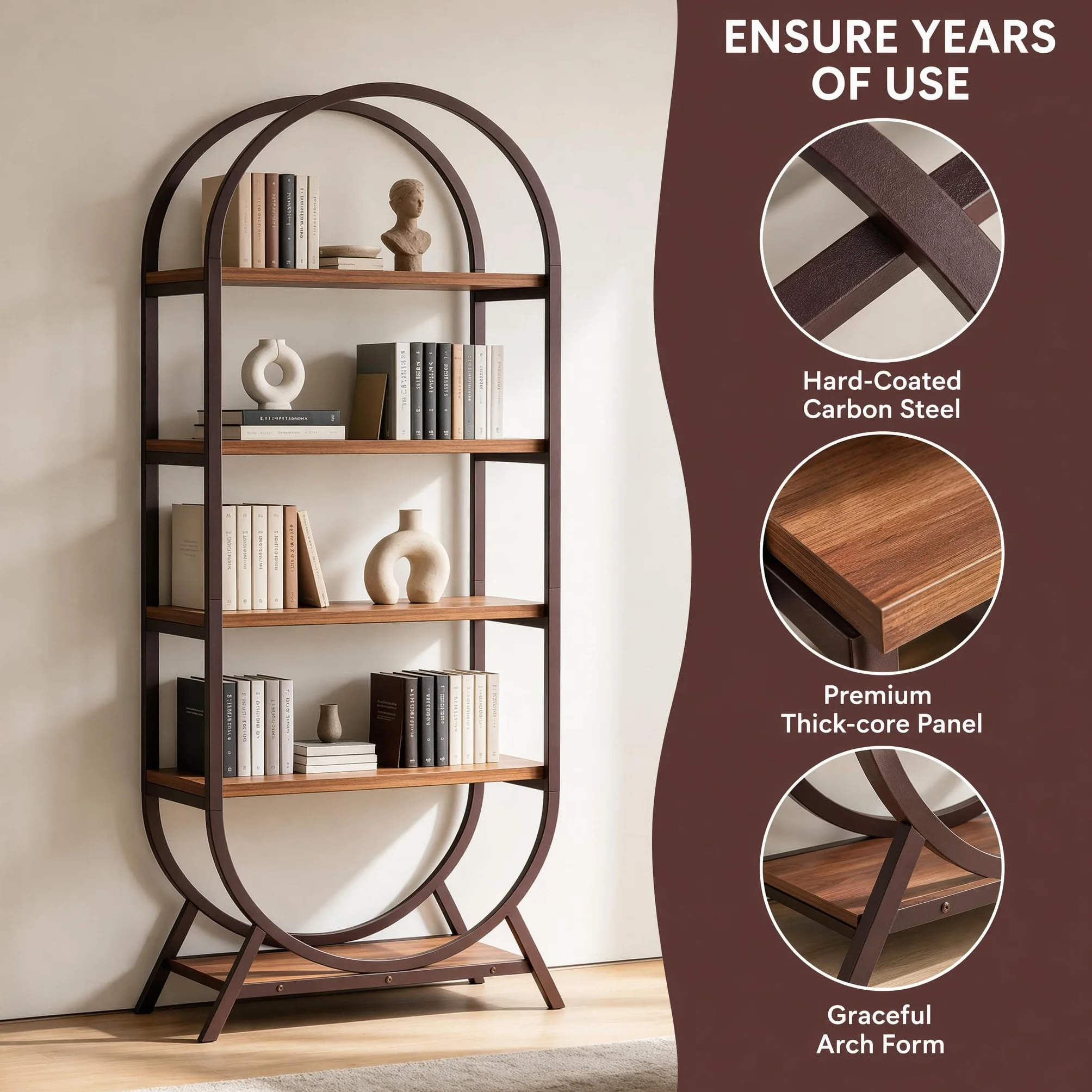 Bookshelf Arched Bookcase, 5 Tier Open Freestanding Display Shelf for Home Office, Living Room, Walnut