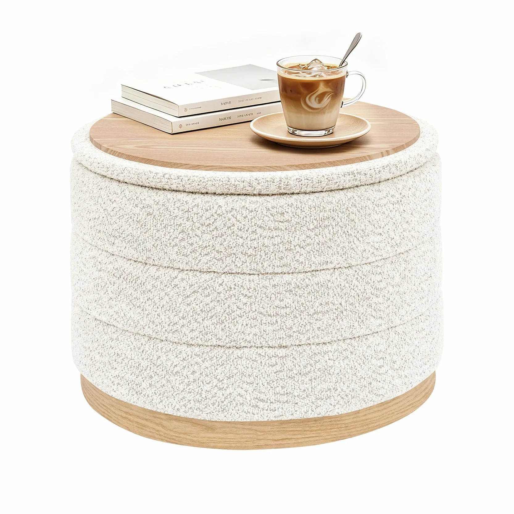 B FSOBEIIALEO Round Storage Ottoman with Tray, Folding Ottoman with Storage Coffee Table Foot Rest for Dorm Room Living Room Chenille Fabric,Wood-Grain Leather Base,White,22.83"x22.83"x17.32"