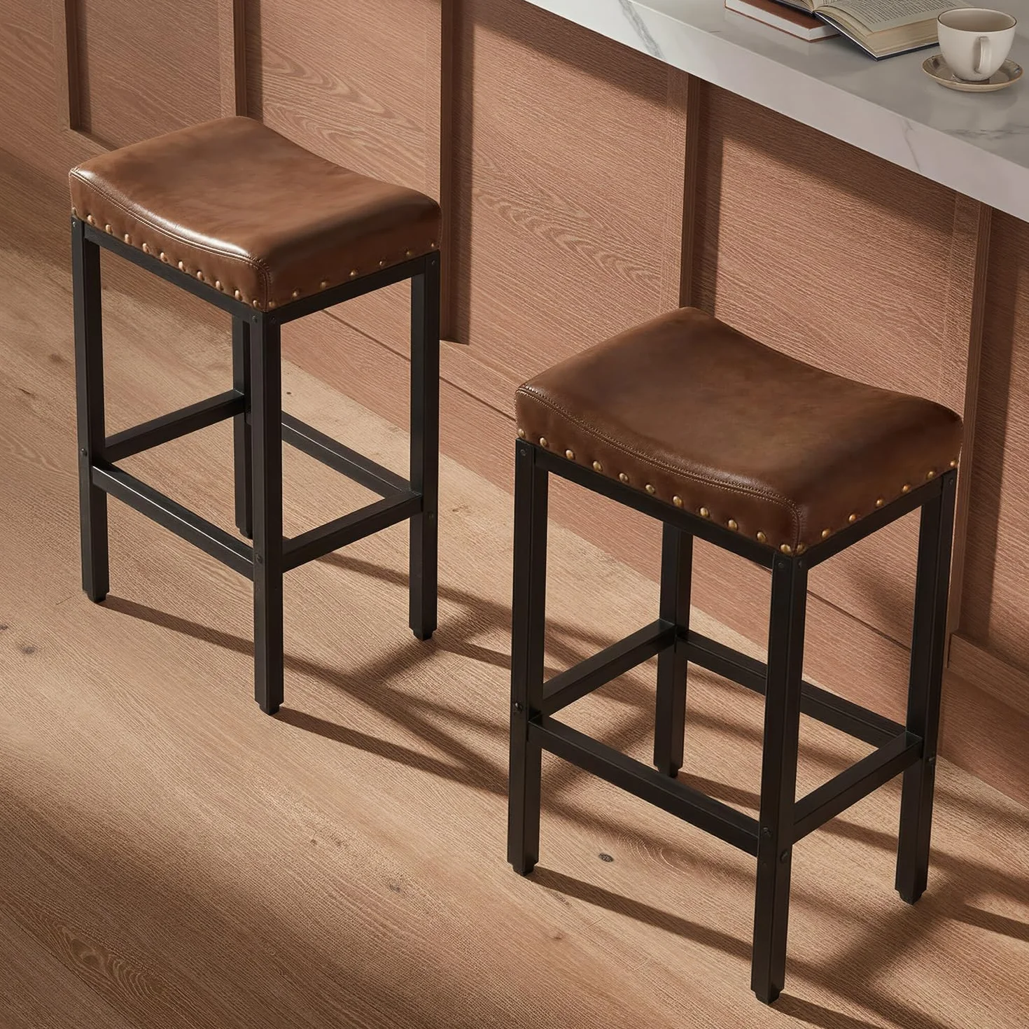 Forteek 25.5'' Bar Stools Set of 2, Counter Height Barstools with Nailhead | Bar Height Stools, Faux Leather Barstool with Footrest, Saddle Stool for Kitchen Island, Dining Room, Easy Assembly, Brown
