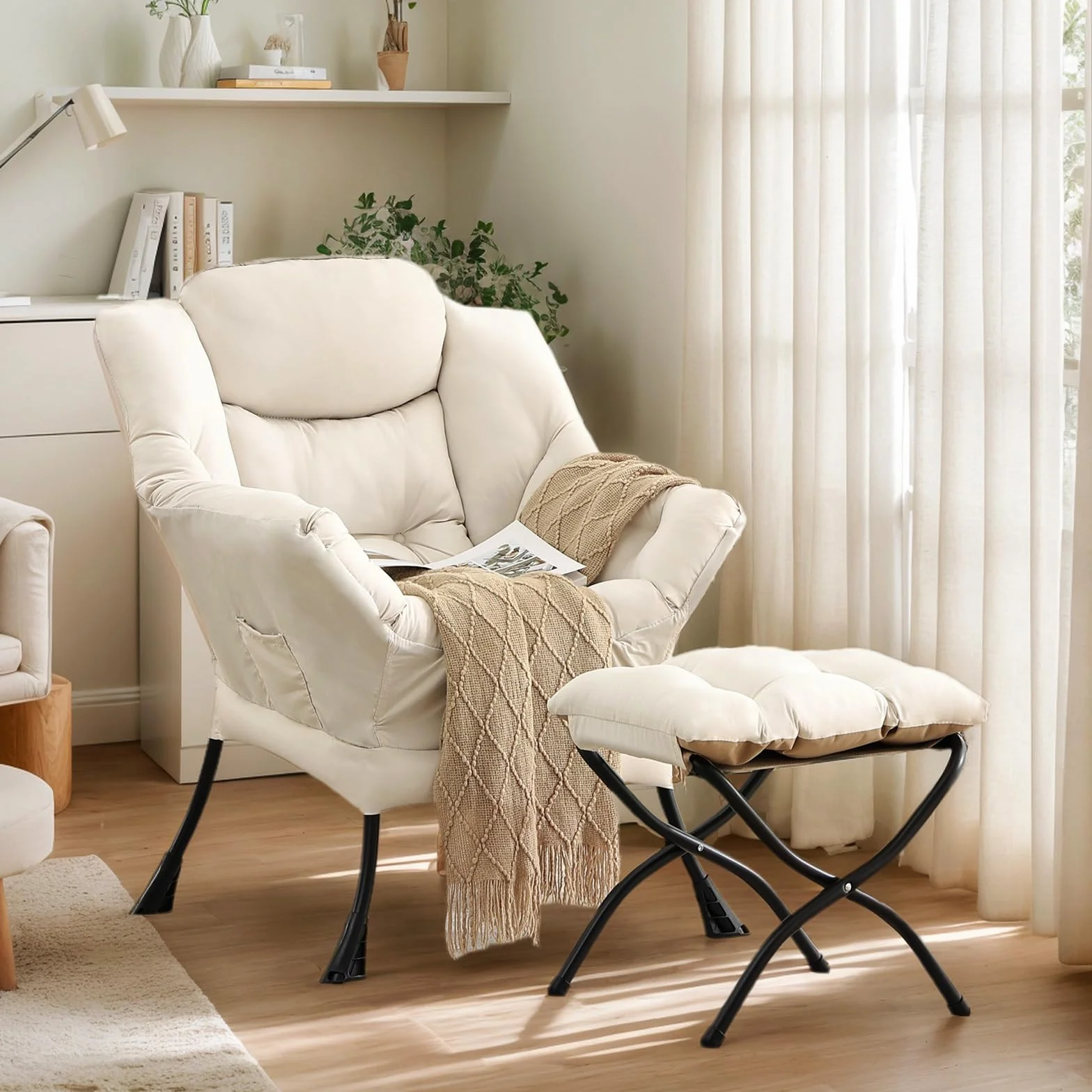 Lazy Chair with Ottoman, Soft Comfy Chair for Bedroom, Beige | Reading Accent Lounge Chair with folding Foot Stool for Living Room Dorm Apartment, sturdy metal frame