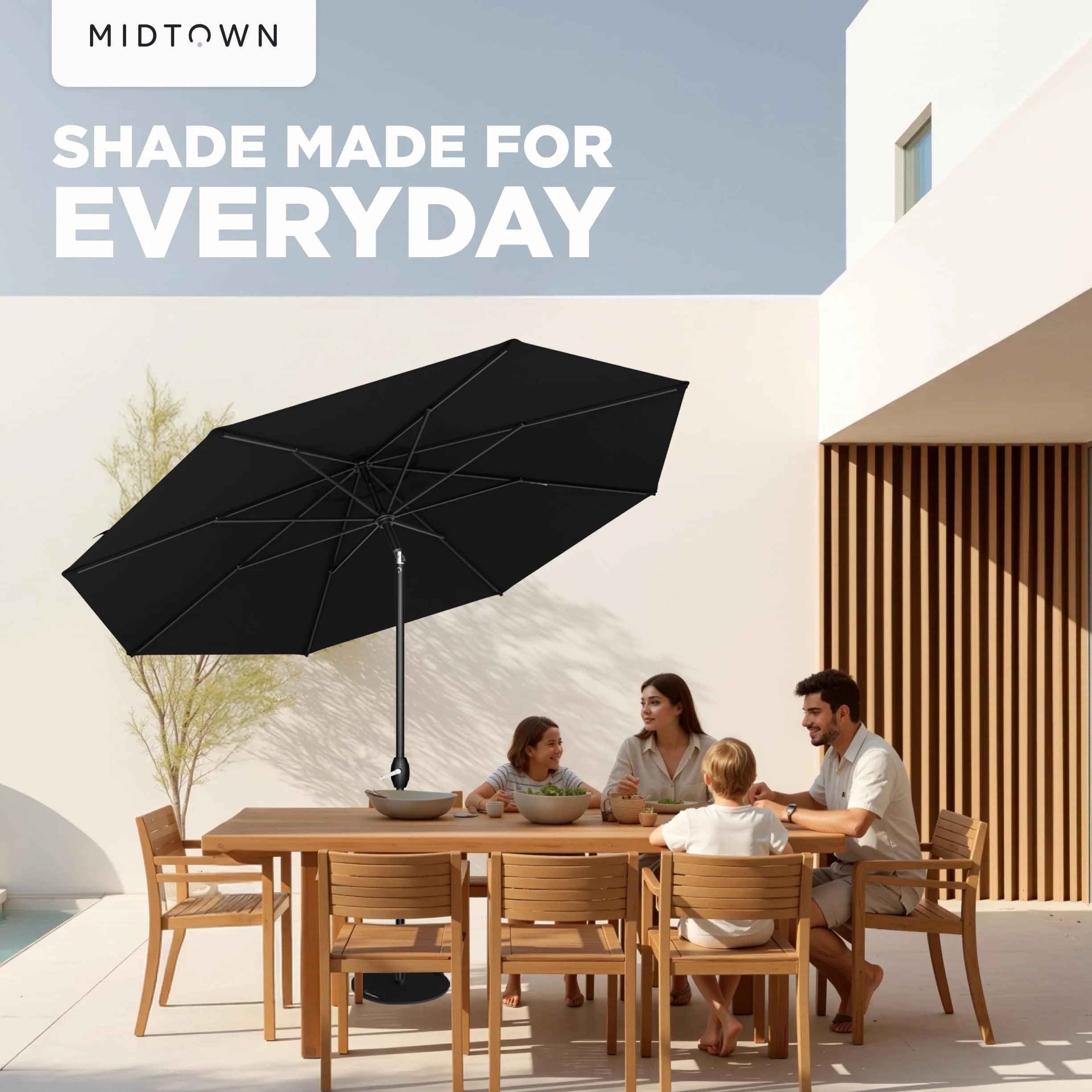 Midtown Umbrellas - 10-Year-No-Fade 9 Ft Patio Umbrella with Terylast Fabric, Auto-Tilt Aluminum Frame and 8 Reinforced Ribs for Deck, Pool, Garden & Beach - Ebony Black Canopy, Black Pole