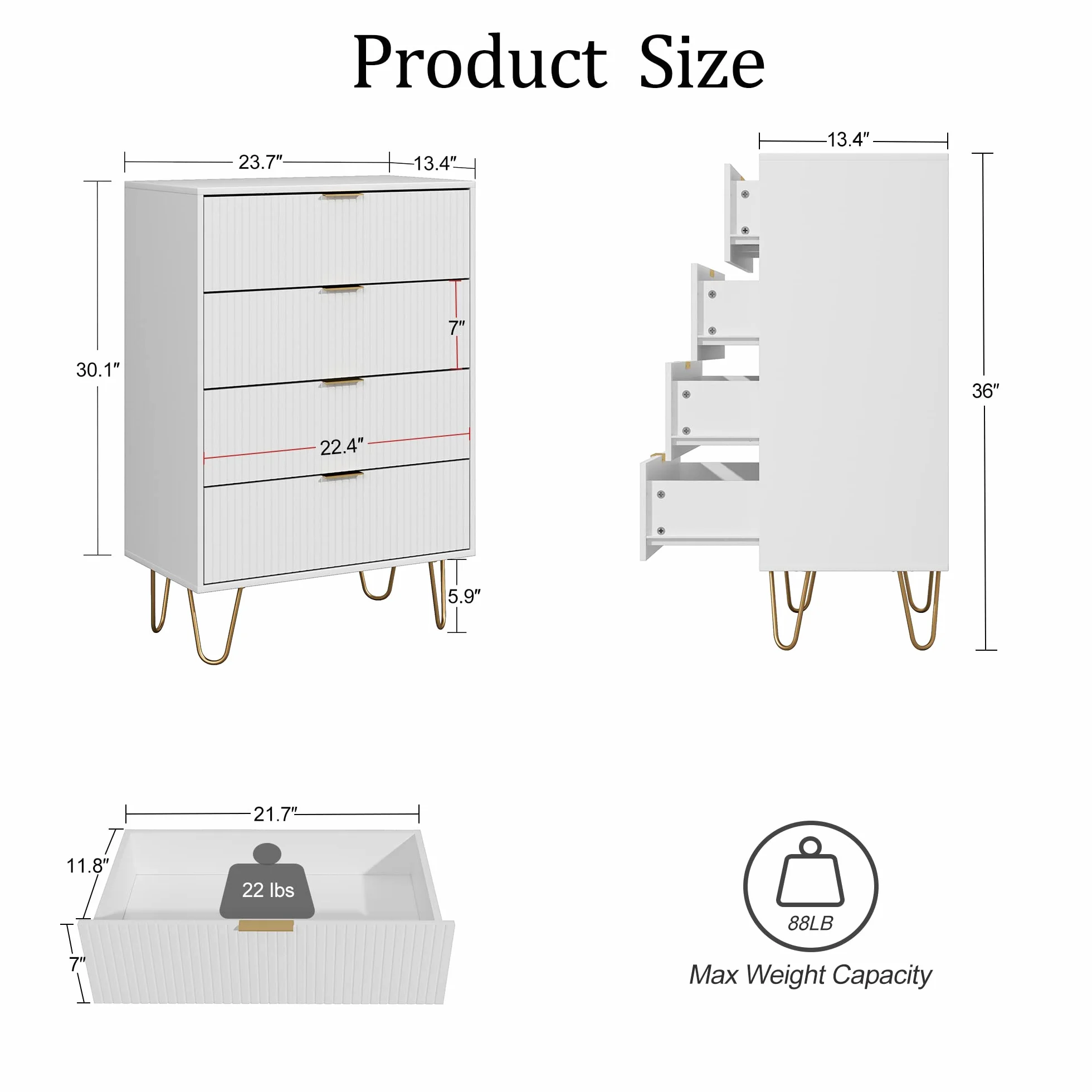Masupu 4 Drawer Dresser, Drawer Chest, Tall Storage Chest Cabinet Organizer Unit with Metal Legs, Small Dresser for Bedroom, Living Room, Closet, Hallway White Stripe