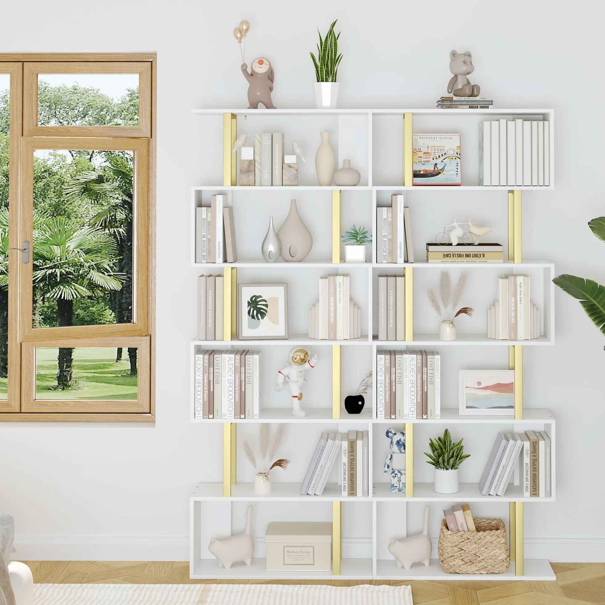 Yusong Geometric Bookcase, S Shaped Bookshelf 6-Tier Book Shelves for Bedroom, Modern Wood Decorative Display Shelf Tall Book Case for Home Office, Gold and White