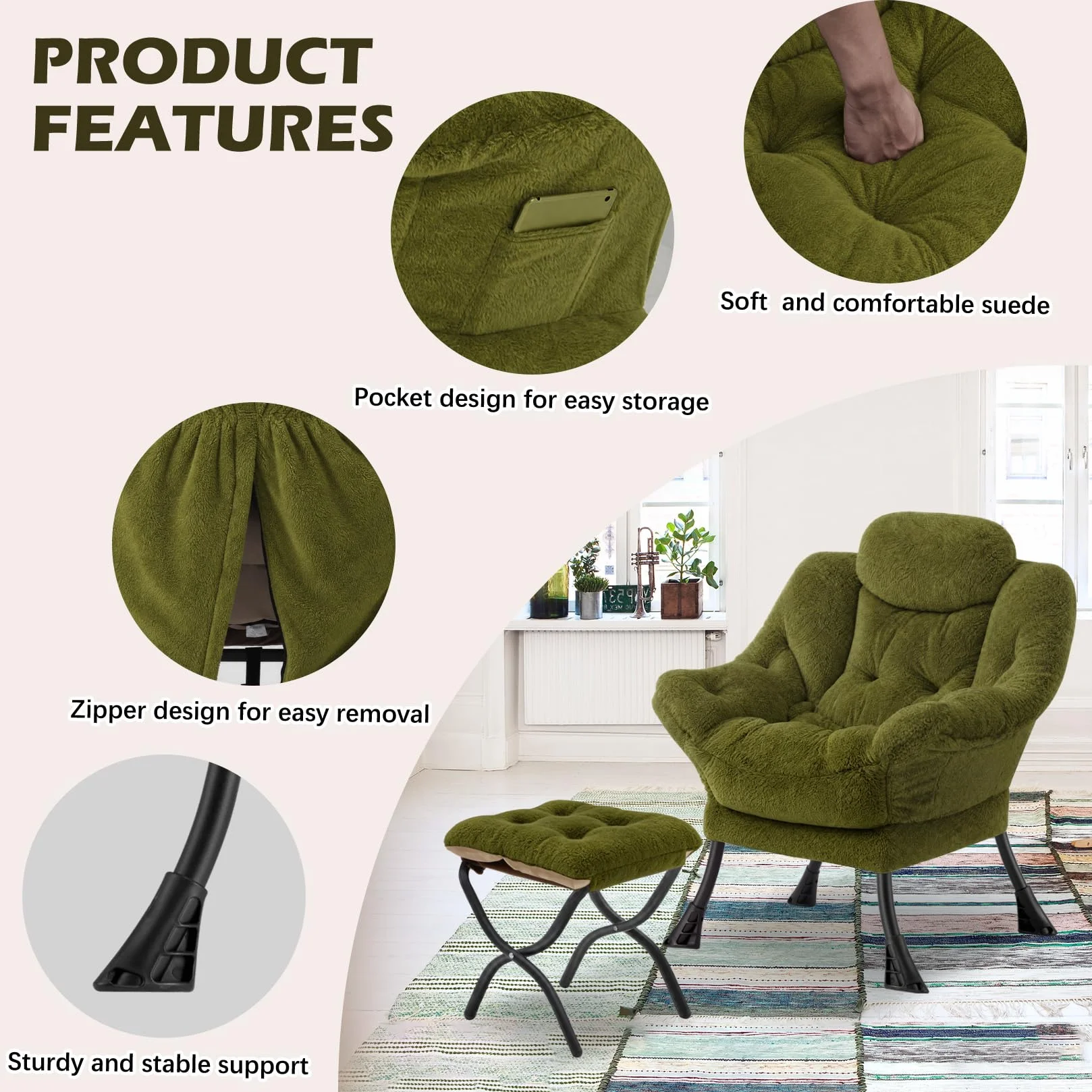 Lazy Chair with Folding Ottoman,Leisure Sofa Chair,Soft Fabric Armchair with Armrests and Side Pockets, Reading Chair with Footrest for Living Room, Bedroom, Office (Plush Green)