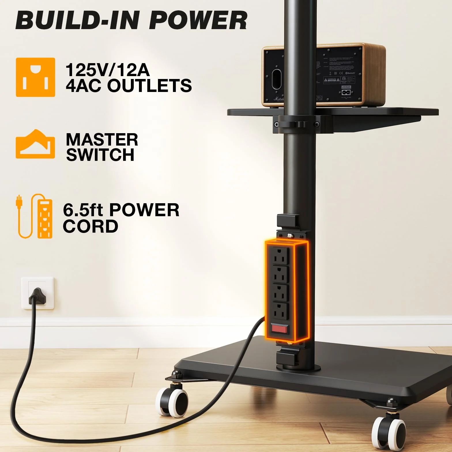 5Rcom Rolling TV Stand with Power Outlet for 32-60 inch TVs | Swivel Height Adjustable TV Cart with Power Outlet & Shelf, Holds 88lbs, Black for Bedroom Living Room Office