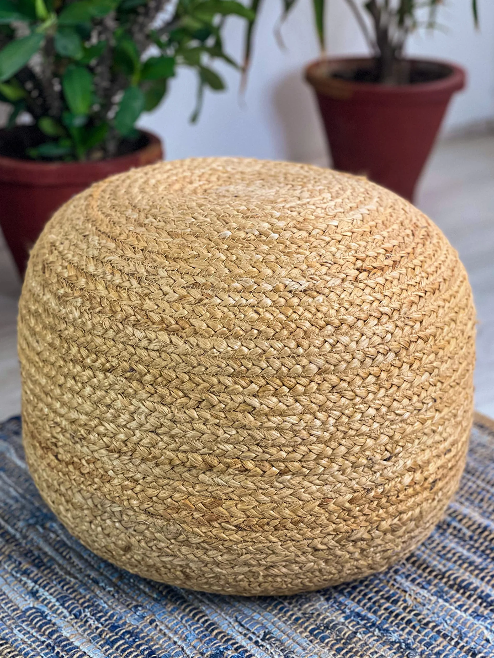 Chardin home- Natural Braided Ottoman Pouf - Cozy & Bohemian Jute/Hemp Hand Crafted Casual Seating for Home, Office, Bedroom, 18"x18"x14". (Golden Brown)