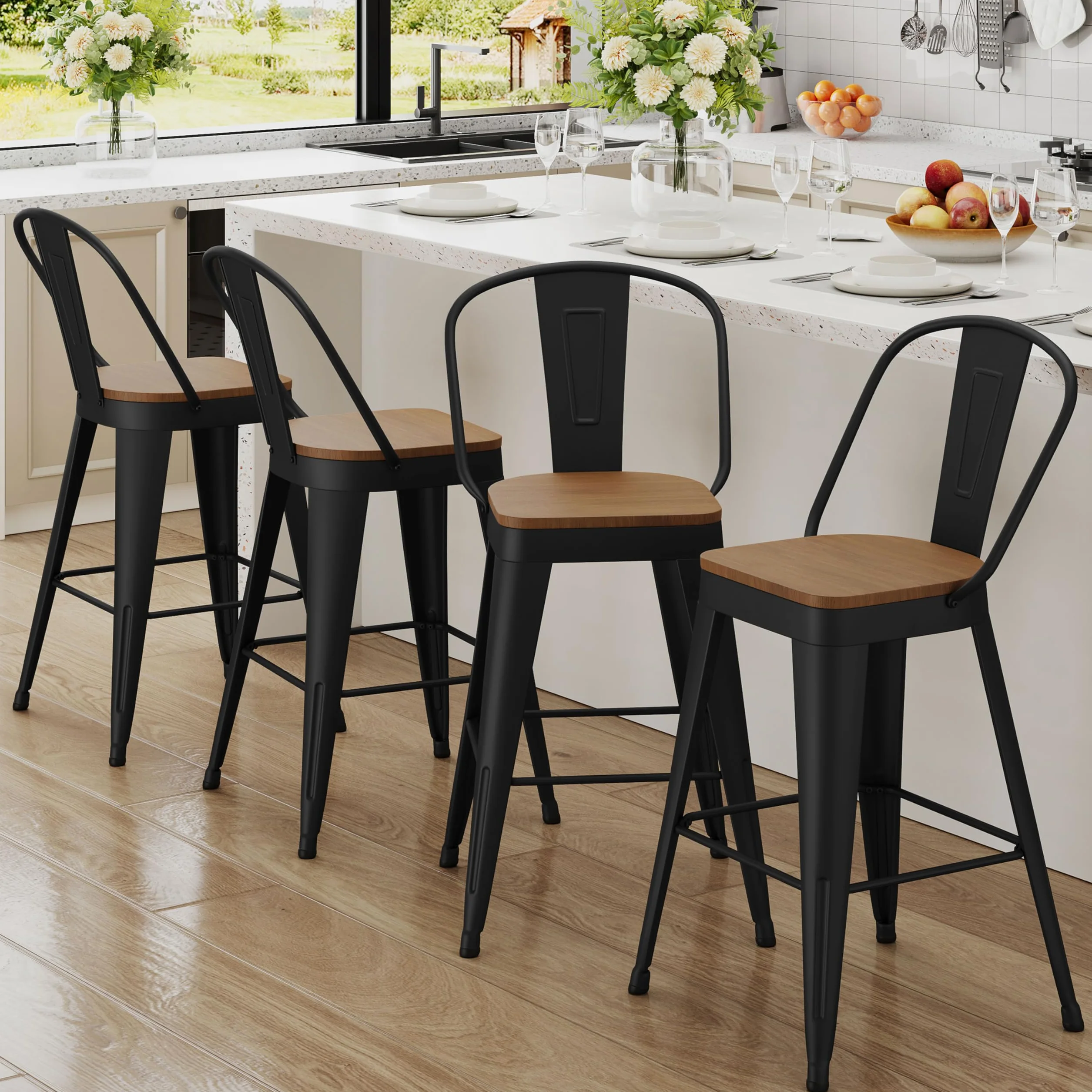 Metal Bar Stools Set of 4, 24" Counter Height with Backs, Black | Matte black metal frame barstools, Modern farmhouse high-back bar chairs, Larger seat for kitchen and dining islands