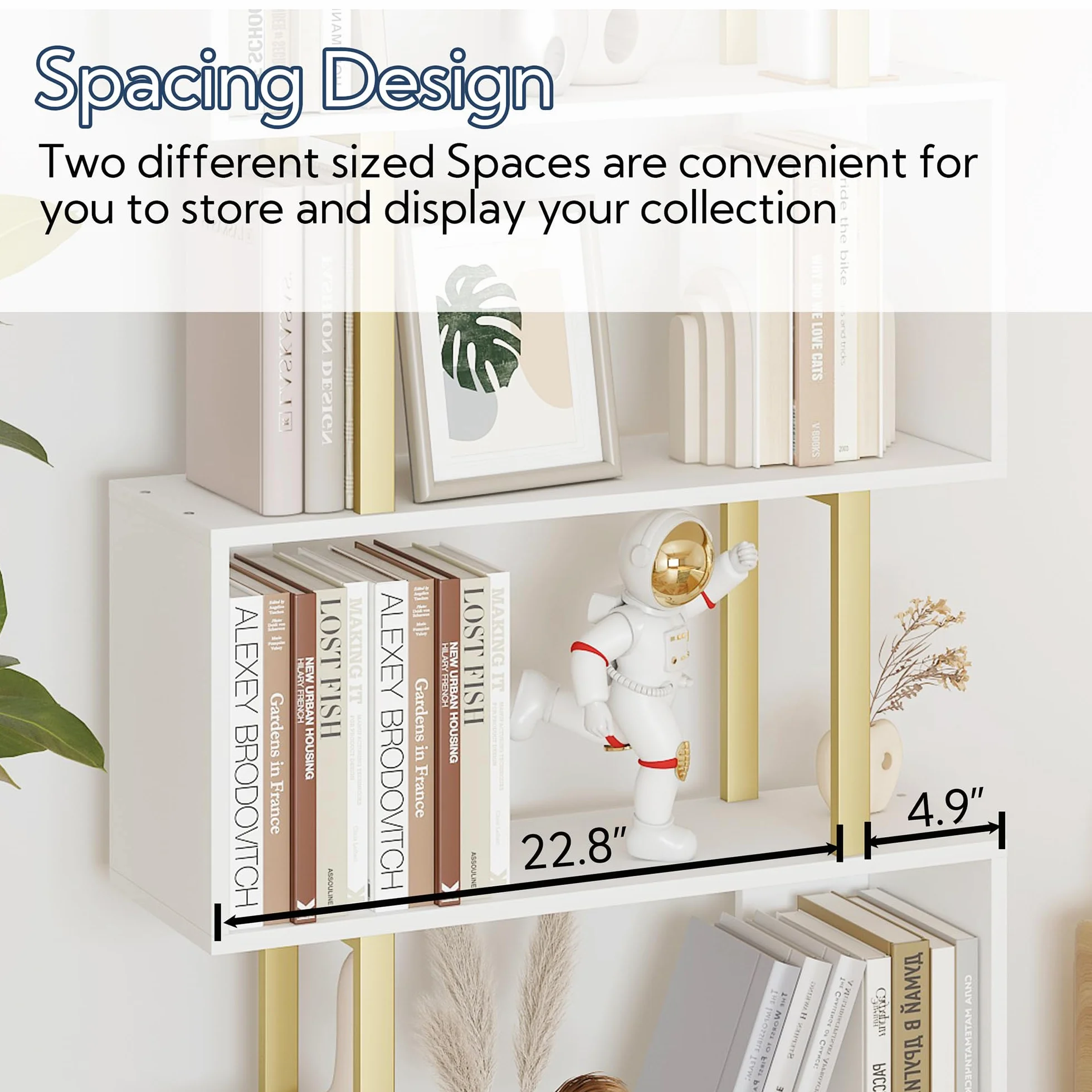 Yusong Geometric Bookcase, S Shaped Bookshelf 6-Tier Book Shelves for Bedroom, Modern Wood Decorative Display Shelf Tall Book Case for Home Office, Gold and White