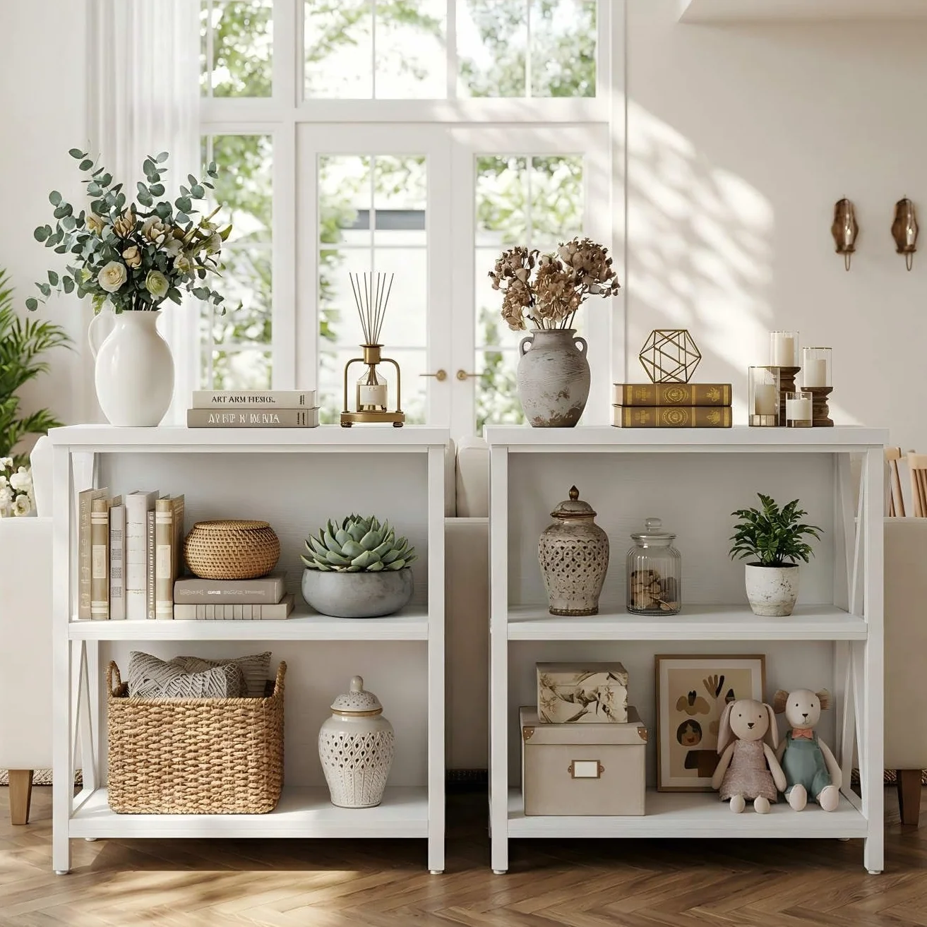Small Bookshelf for Small Space, Short Rustic Low Bookcase, Modern Wood and Metal Book Shelf and Narrow Book Case for Living Room, Hallway (White Oak)