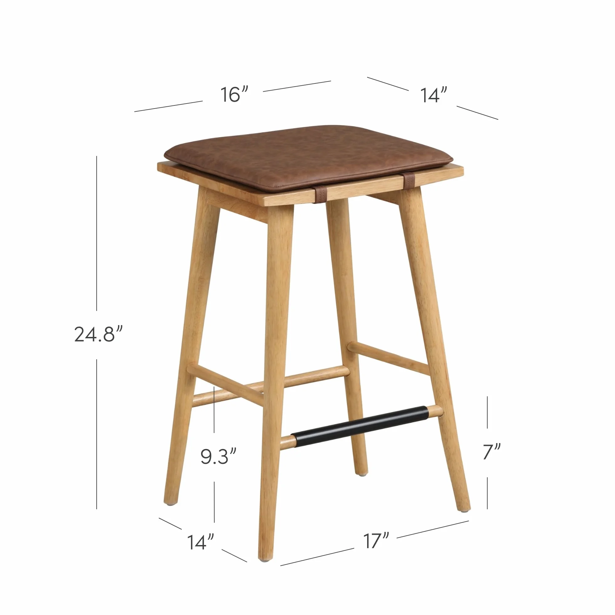 Nathan James Barker Classic Counter Height Wood Barstool with Leather Removable Cushion, Backless Island 24" Bar Stool for Kitchen, Chestnut Brown