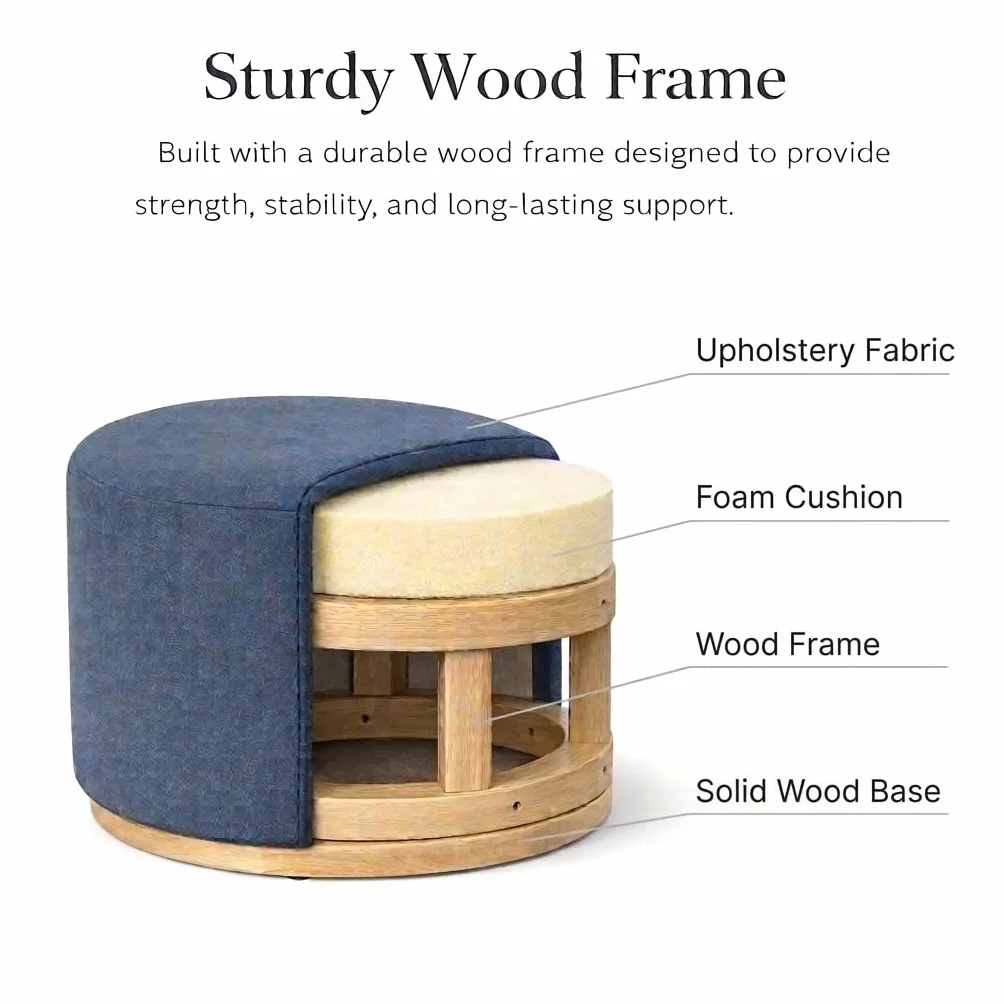 Spatial Order 22" Round Ottoman with Wooden Base - Blue Woven Fabric