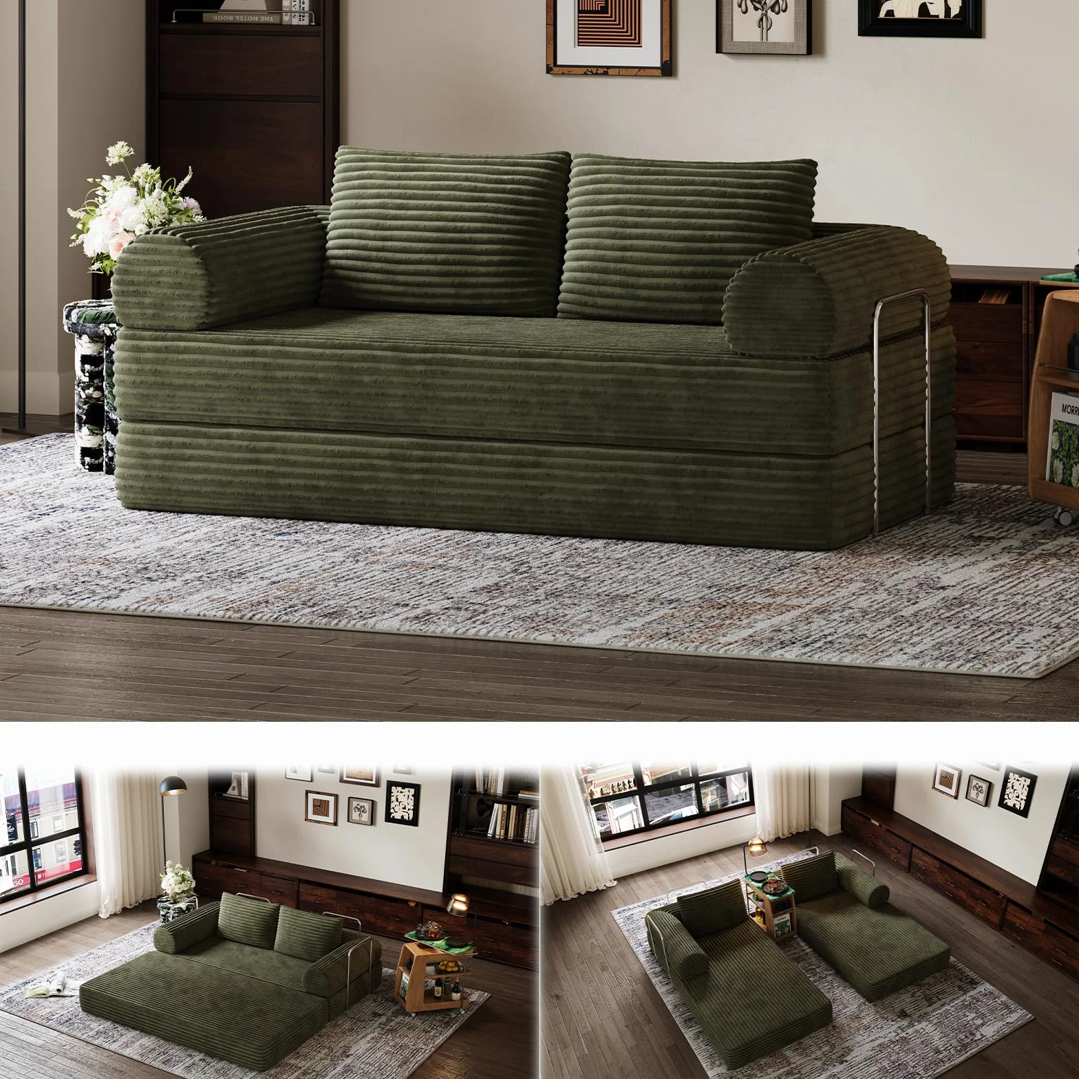 Novilla 75" Convertible Futon Sofa Bed, Boneless Couch with Smarts Coil® Support & High-Density Foam, No Assembly Corduroy Folding Loveseat Floor Sleeper for Living Room, Apartment, Bedroom, Green