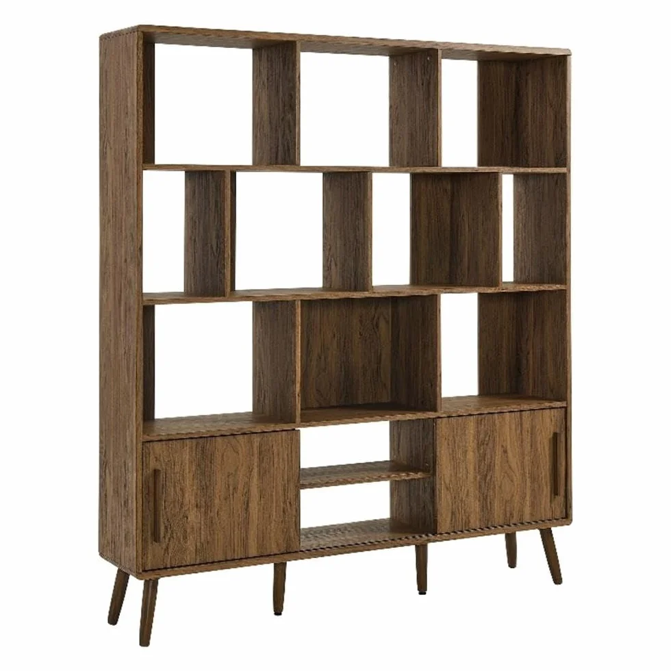 Modway Transmit 14 Shelf Bookcase with Sliding Doors in Walnut - 59 Inch Wood Mid-Century Modern Bookshelf - 4 Tier Wide Open Display Storage Cabinet for Living Room, Office, Hallway