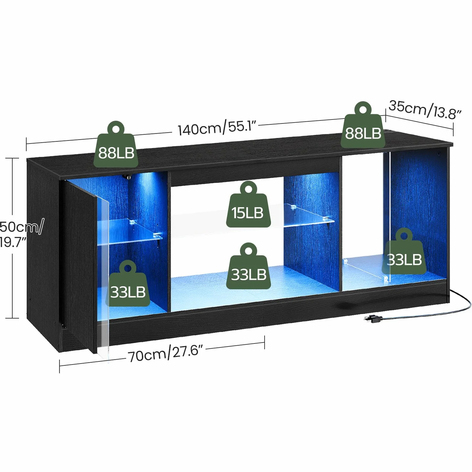 TV Stand with Power Outlets 55 65 inch, Modern Entertainment Center with Multi-Color LED Light, Media TV Console with Adjustable Glass Shelves for Living Room Black MDS01UDBB