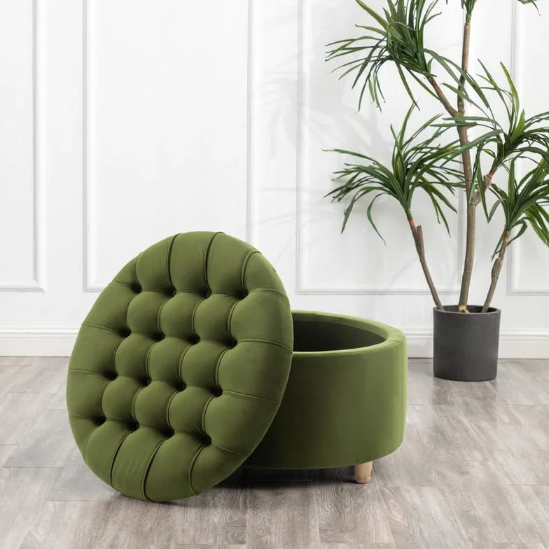 Niche Knight 28-Inch Large Round Pintucked Storage Ottoman with Lift-Off Lid, Tufted Upholstered Accent Footrest for Living Room, Bedroom, Entryway, Hidden Storage – Emerald Green
