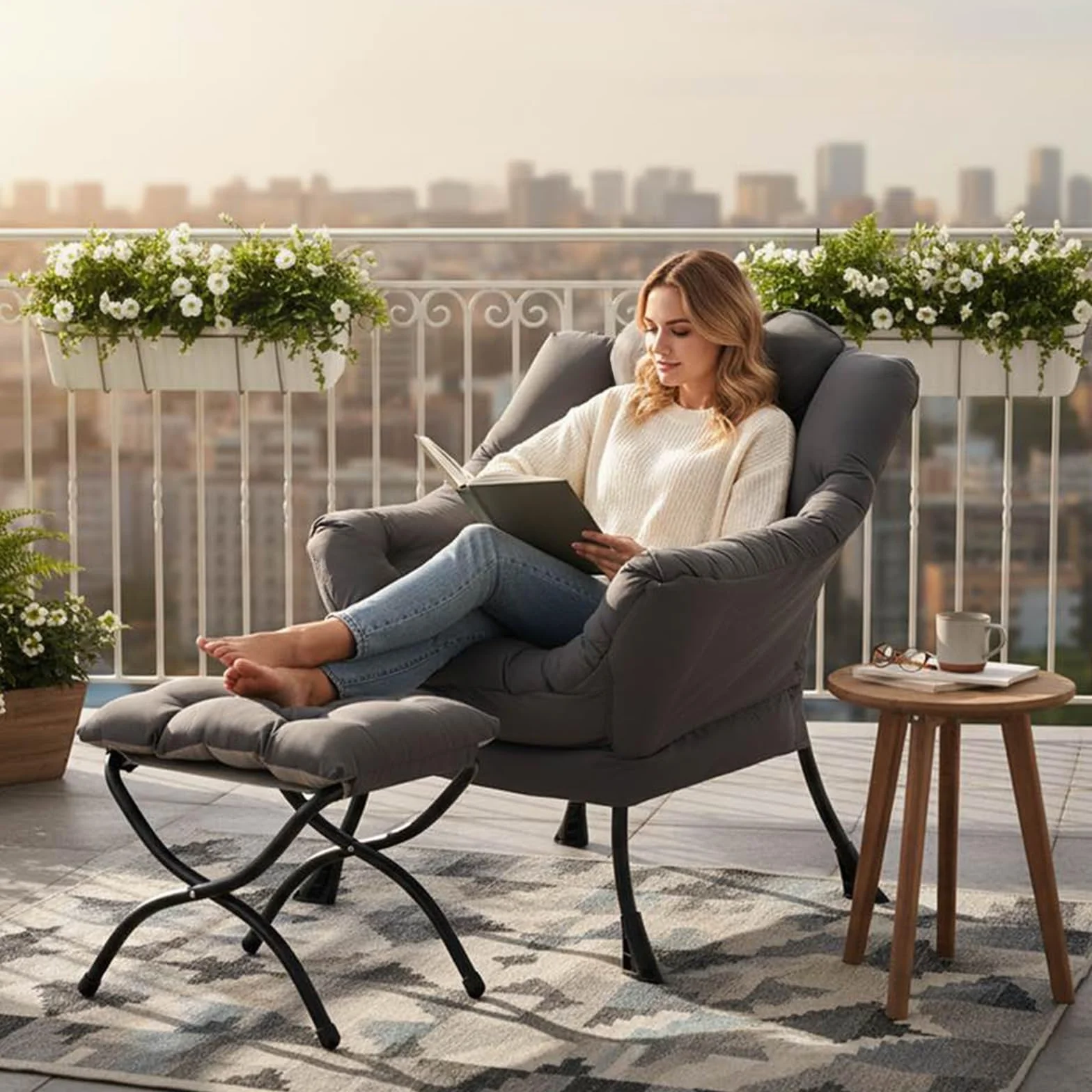 Lazy Chair with Ottoman, Comfy Reading Accent Chair, Dark Grey | Foldable Footrest, Padded Seat and Backrest, Side Pocket for Lounging in Living Rooms, Bedrooms, Dorms and Small Spaces