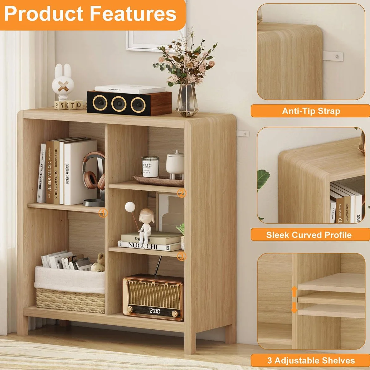 5 Cube Bookshelf, Wood Bookcase with 3 Adjustable Shelves, Modern Cube Storage Organizer Shelf for Home Office (Light Walnut)