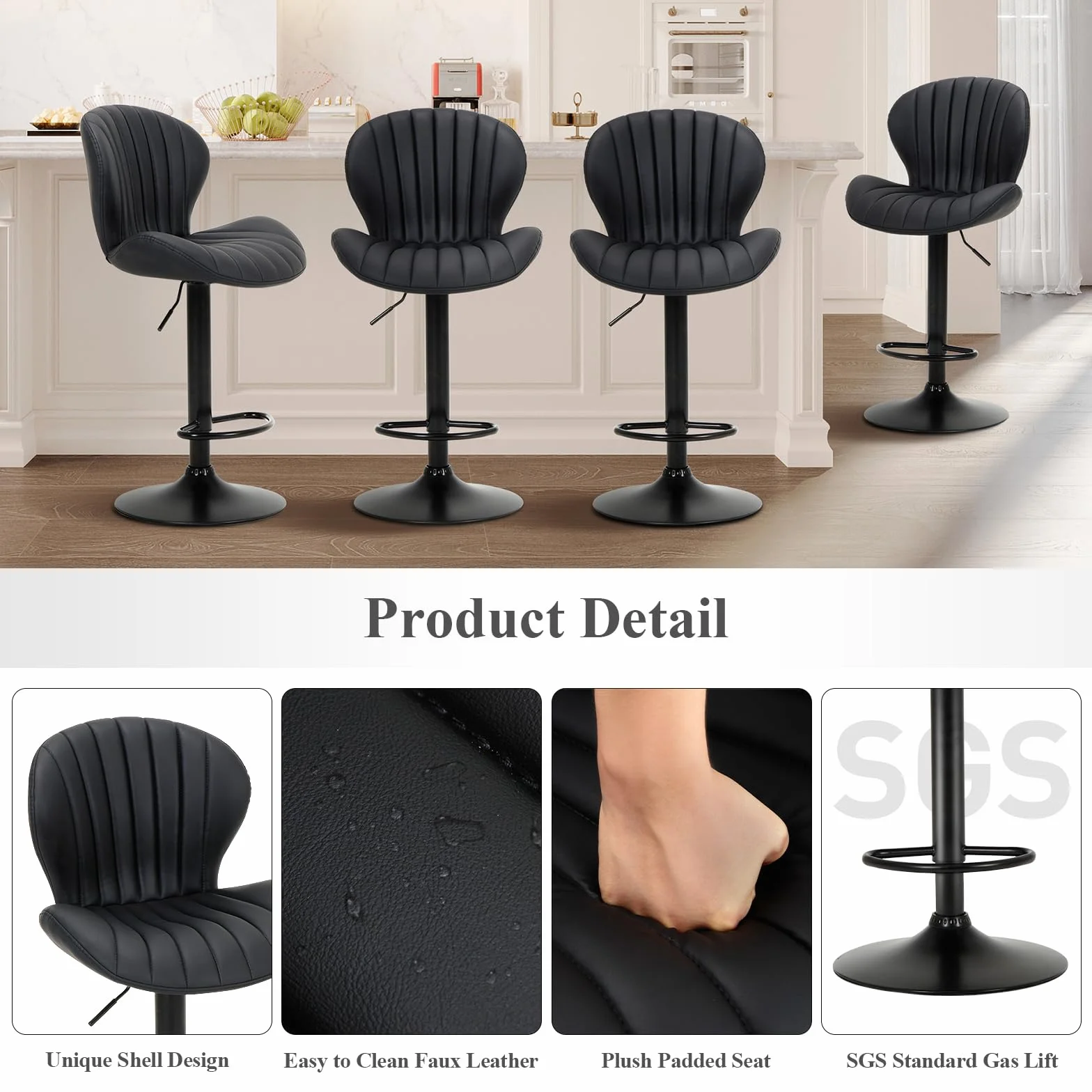 COLAMY Bar Stools Set of 4, Modern Swivel Bar Chairs, Adjustable Faux Leather Upholstered Barstools Counter Height with High Backrest for Bar, Kitchen Island, Dining Room, Black