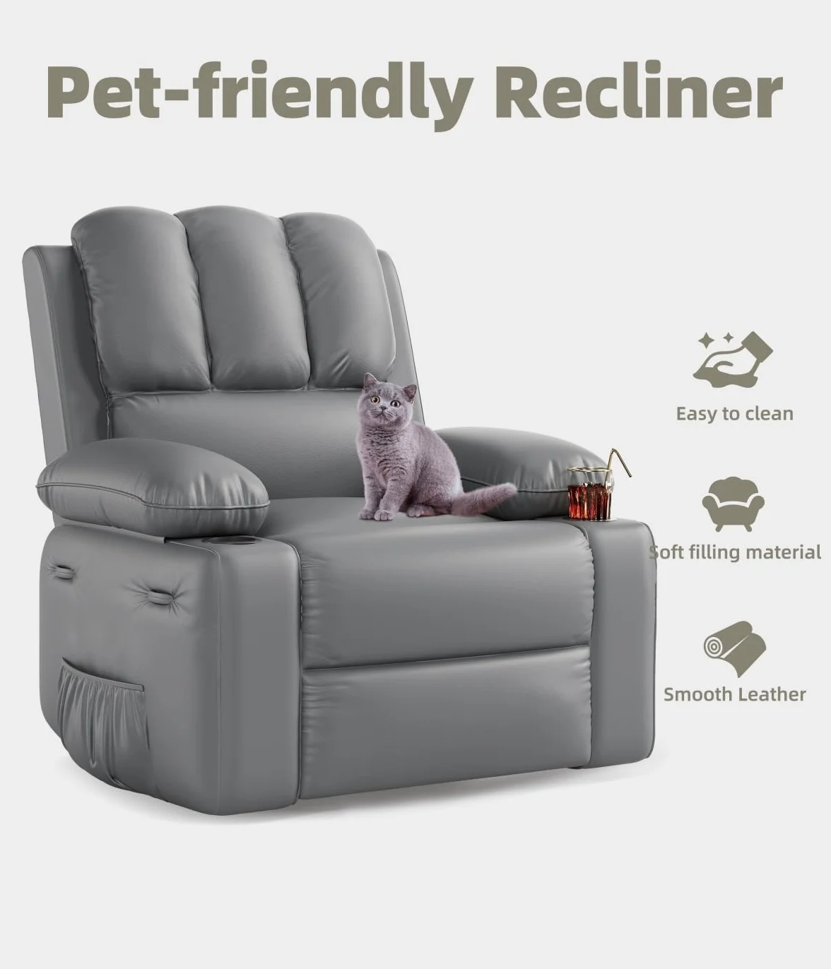GarveeHome Oversized Recliner Chairs with 1.5X Sponge Filling, 360° Swivel Lazy Recliner Chair for Adults, Manual Rocking Chair with Cup Holder for Living Rooms, Bedrooms, and Nurseries