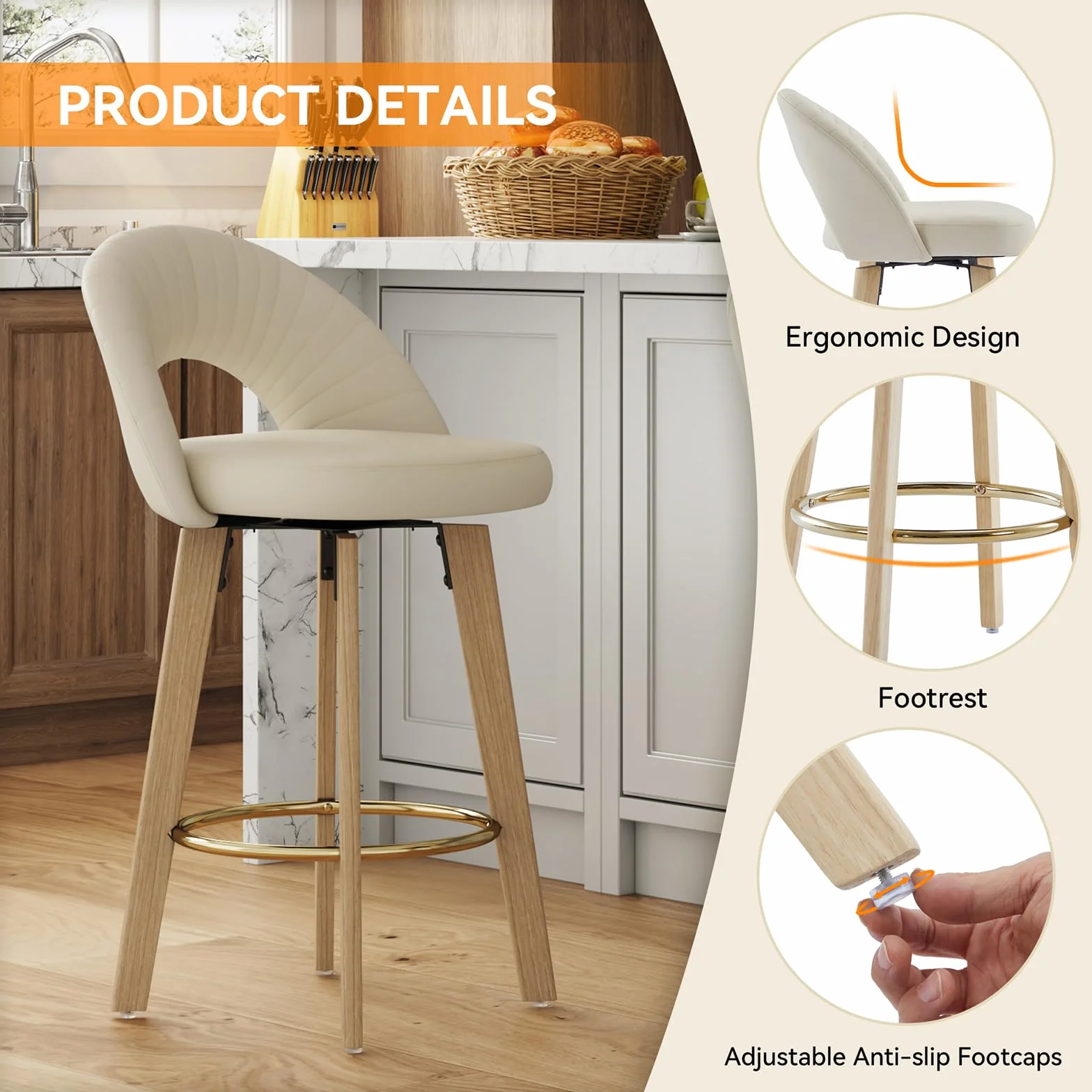 Bar Stools Set of 2, Swivel Counter Height Bar Stools with Bentwood Legs,Metal Footrest,Mid Century Modern Faux Leather Upholstered Counter Stools for Kitchen Island, Bar, Restaurant-Beige