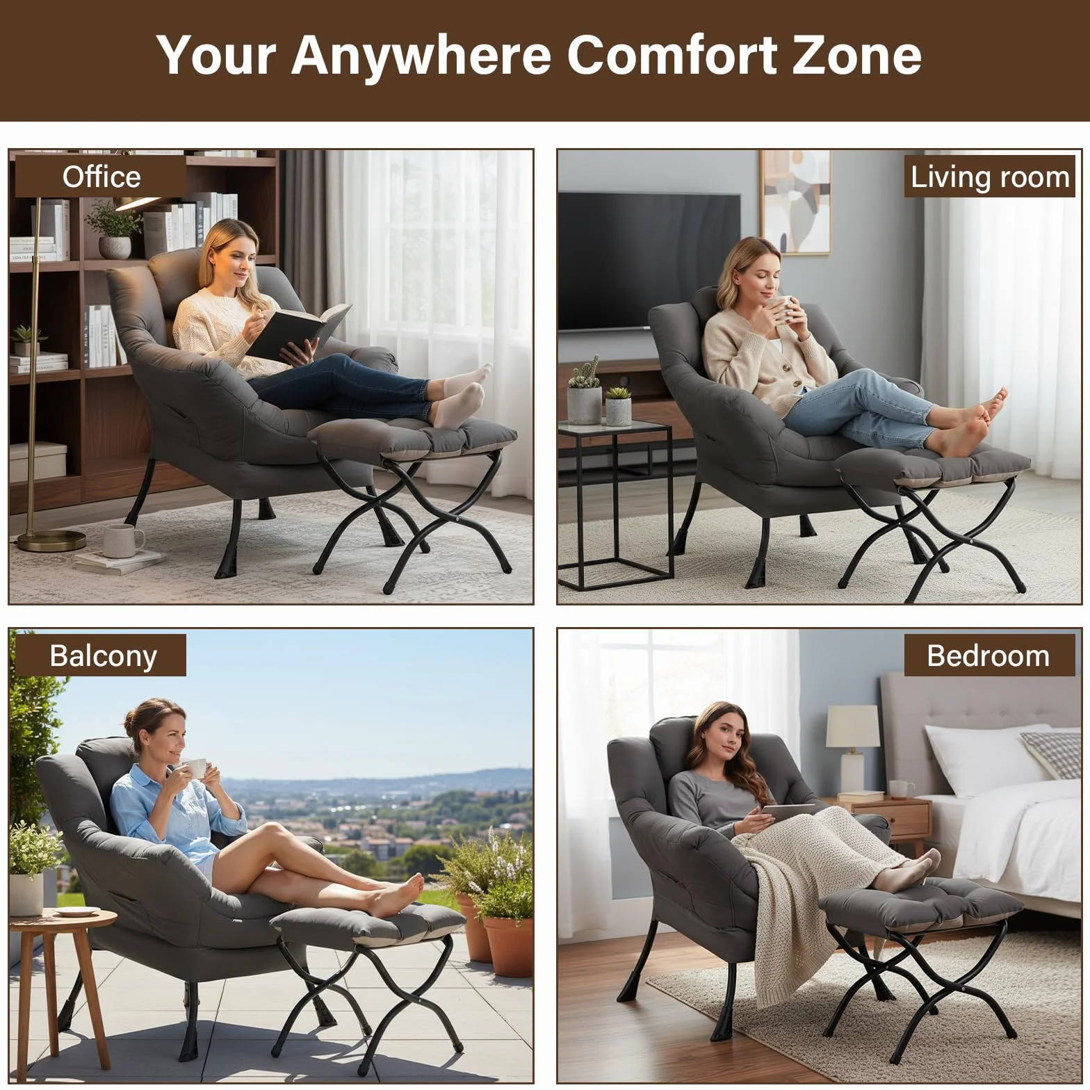 Welnow Lazy Chair with Ottoman, Reading Chair with Footrest,Dark Grey | A Side Pocket,Armrests,Foldable Footrest,Thick Cushioned Seat & Backrest, Lounge Chair for Bedroom,Living Room & Small Space