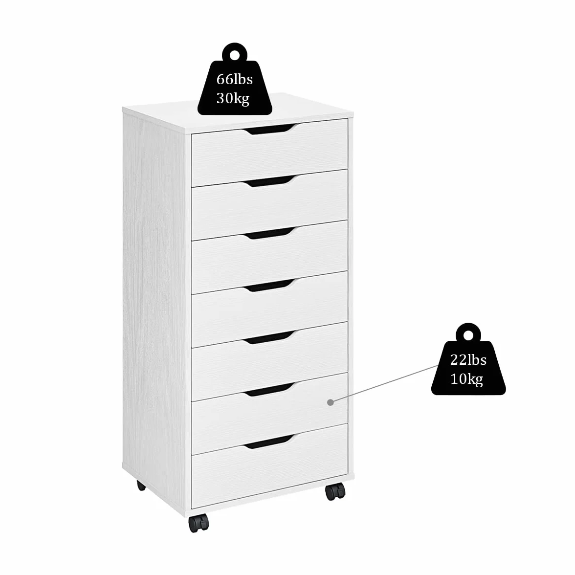 Panana 7 Drawer Mobile File Cabinet, Wooden Under Desk Storage with Wheels Office Organization Vertical Filing Chest of Drawers for Home Office (White)