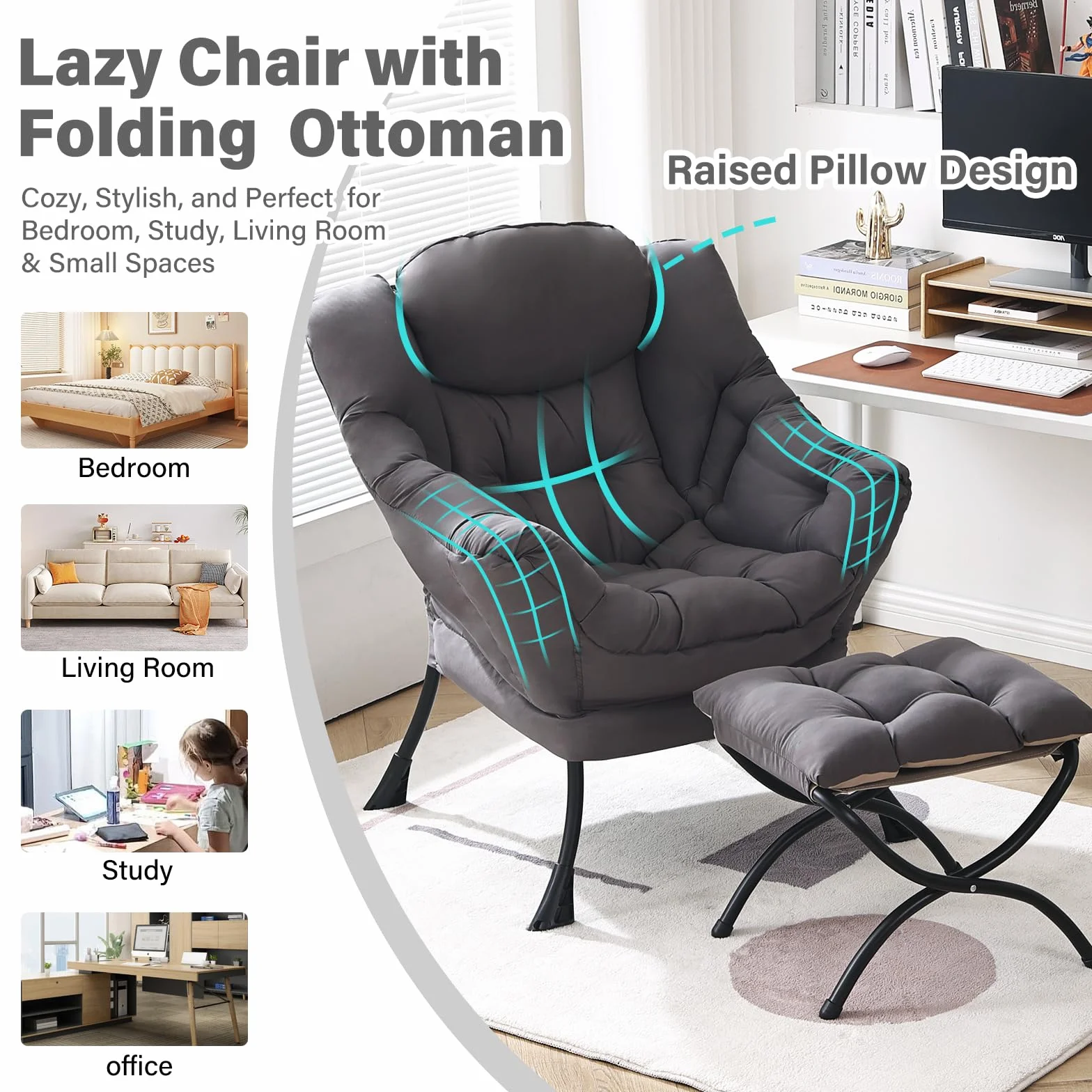 Furlide Lazy Chair with Ottoman, Modern Chair with Folding Footrest, Dark Grey Accent Chair, Comfortable Reading Chair, Oversized Armchairs for Bedroom, Study, Living Room, Courtyard | Accent Lounge Chair with folding Foot Stool, Removable Washable Cover