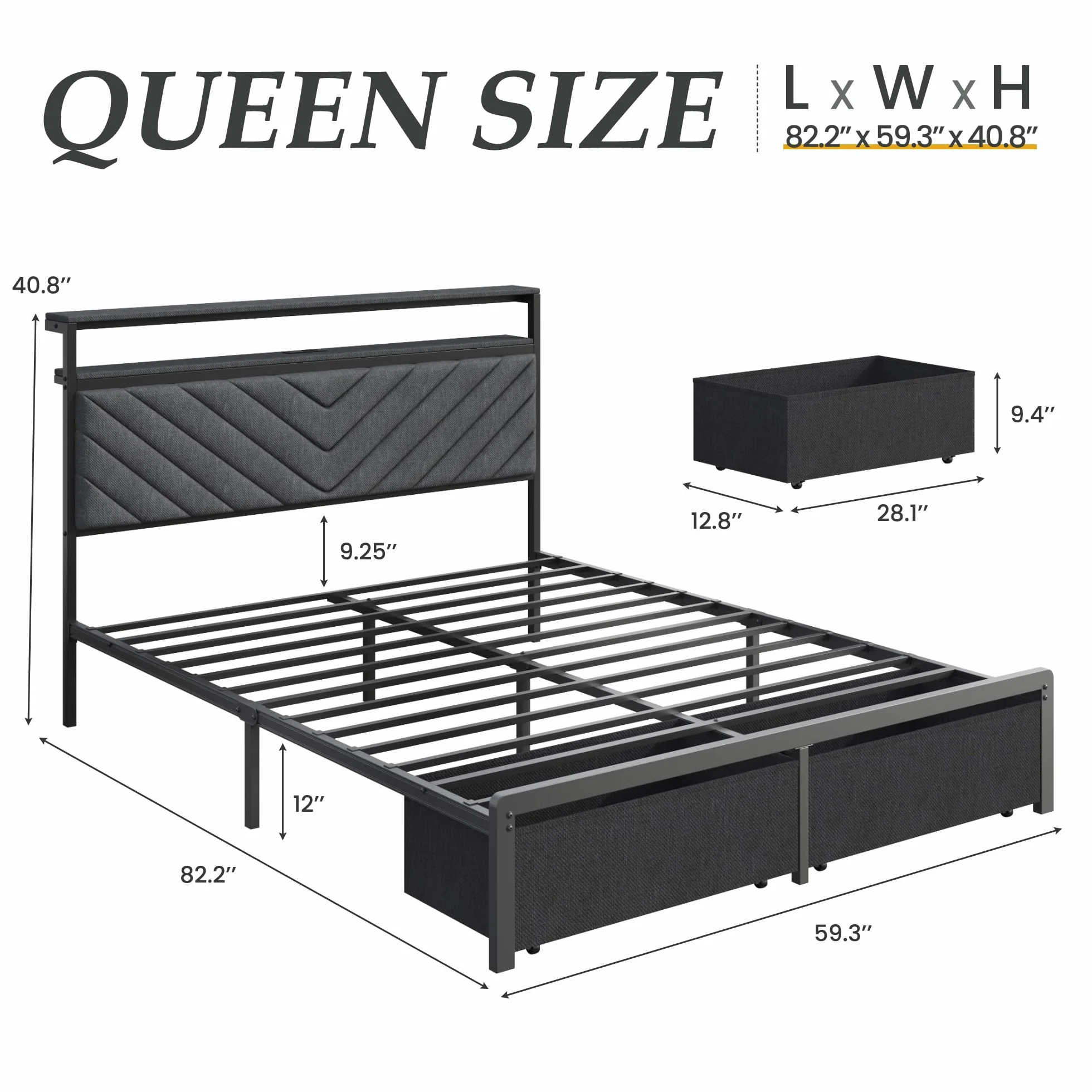 Fluest Queen Bed Frame with 2 Drawers, Upholstered Headboard with Storage and Charging Station, LED Lights, Fabric Drawers with Wheels, Under Bed Storage, No Box Spring Needed, Easy Assembly, Grey
