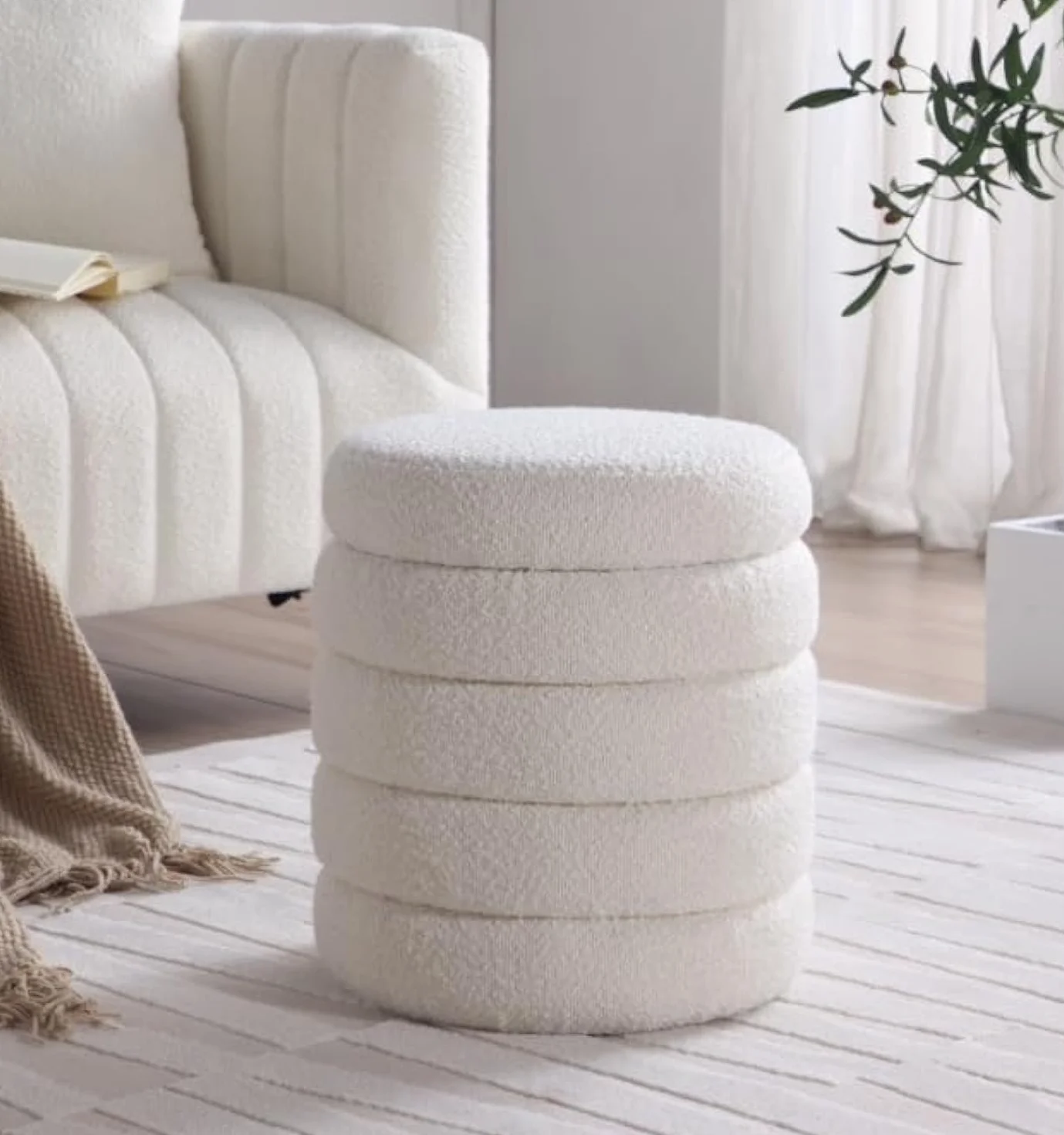 Modern Round Ottoman with Soft Padded Seat, Storage Vanity Chairs for Makeup, Upholstered Footrest Stool Ottoman Foot Stool for Living Room, Bedroom