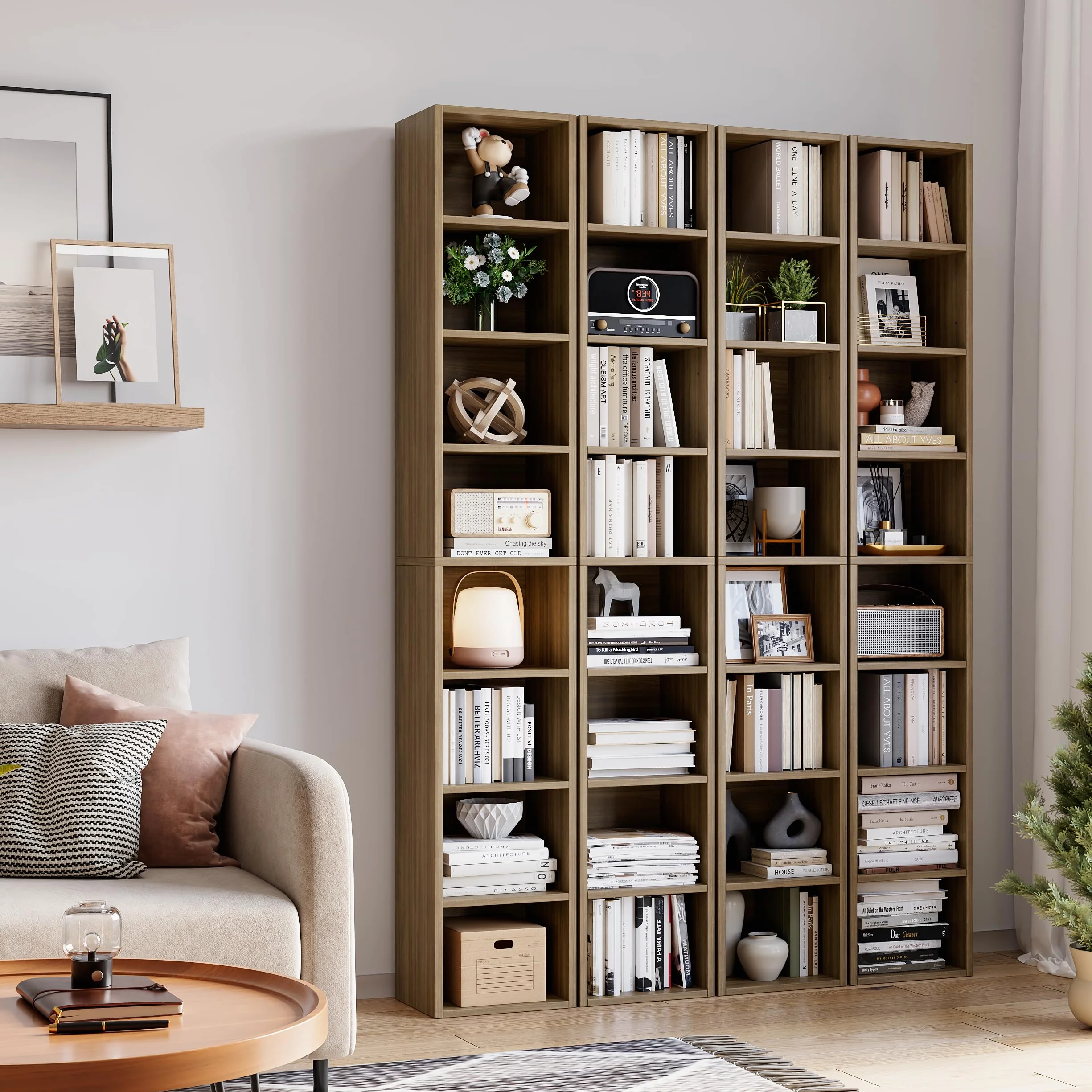 Bamjoy 71 Inches Tall Narrow Bookshelf, 8-Tier Slim CD DVD Media Shelf, Corner Bookcase with Adjustable Shelves, Cube Skinny Bookshelf for Home Office Small Space, Light Walnut