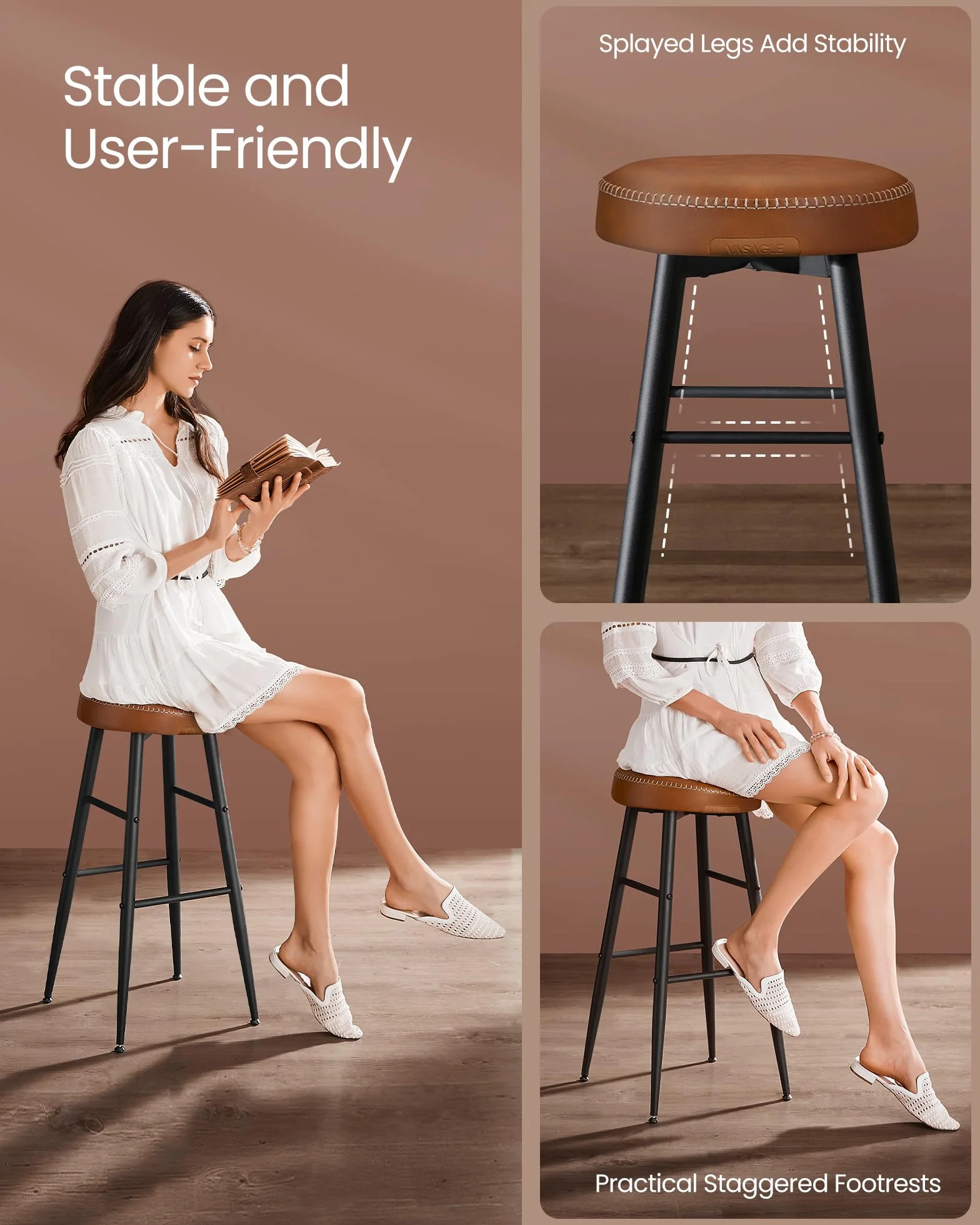 VASAGLE EKHO Collection - Bar Stools Set of 2, Kitchen Counter Stools, Breakfast Stools, Synthetic Leather with Stitching, Mid-Century Modern, 30-Inch Tall, Home Bar, Caramel Brown ULBC090K01V1