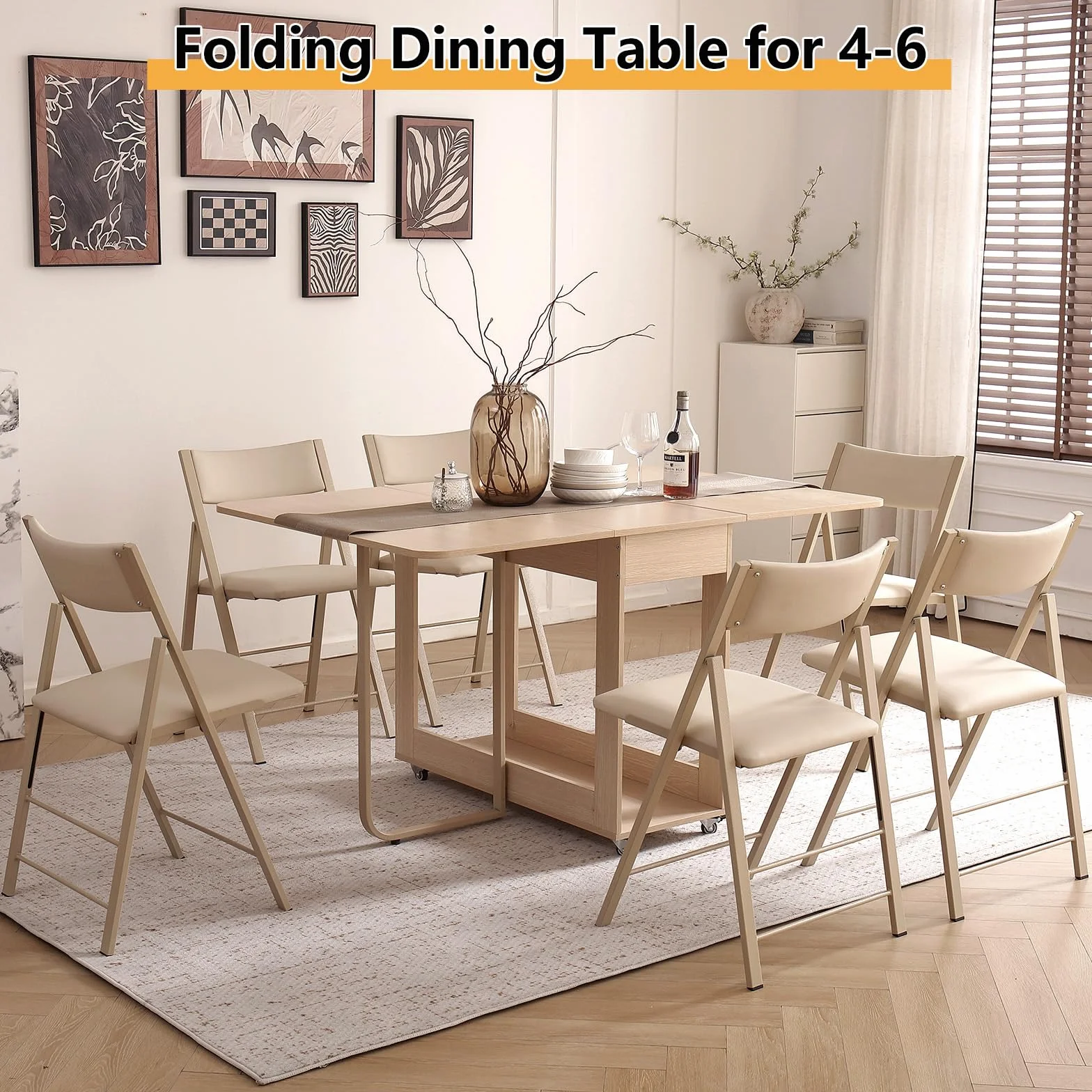 Folding Dining Table, 35.4" x 54.9" Expanded Drop Leaf Table for 4-6, Wood | 300lb Capacity, 2 Drawers, Lockable Wheels, Space-Saving Folding Kitchen Table for Dining Room/Apartments/RV/Home Office/Room