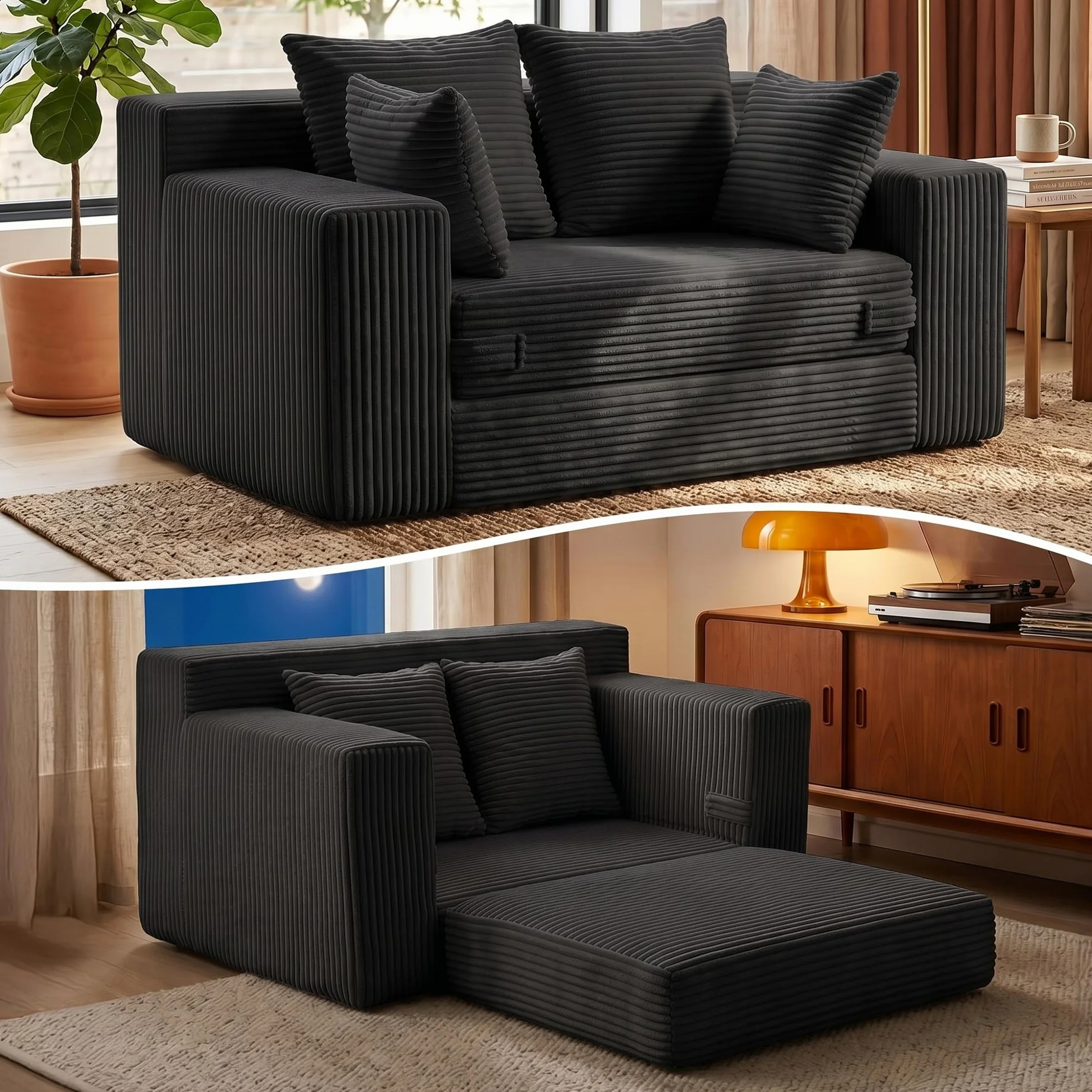 Boneless Mini Couch 53 Inch, 3-in-1 Black Boneless Couches Covertible Sofa Bed with 4 Pillows, Small Couches for Living Room, Bedroom, Small Space