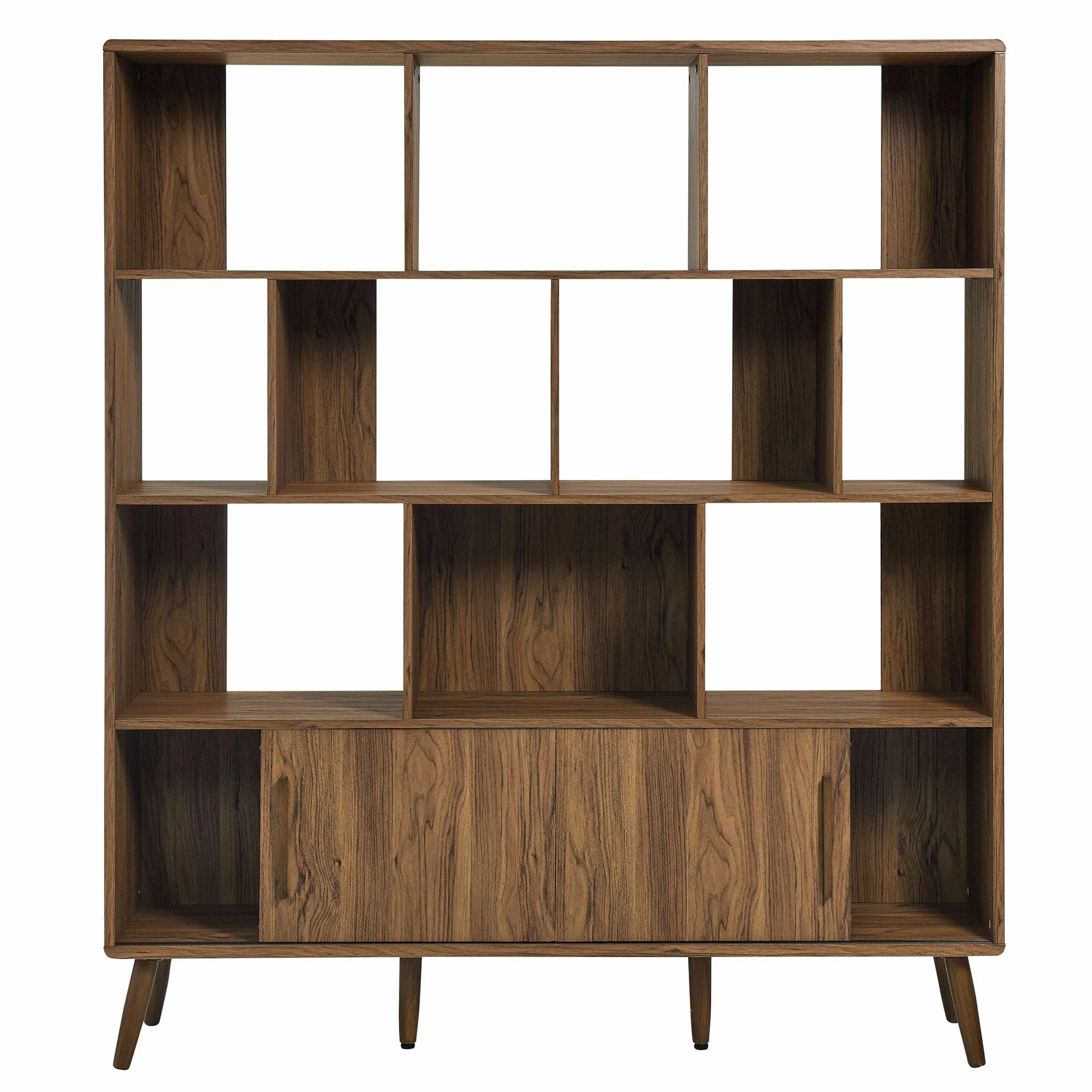Modway Transmit 14 Shelf Bookcase with Sliding Doors in Walnut - 59 Inch Wood Mid-Century Modern Bookshelf - 4 Tier Wide Open Display Storage Cabinet for Living Room, Office, Hallway
