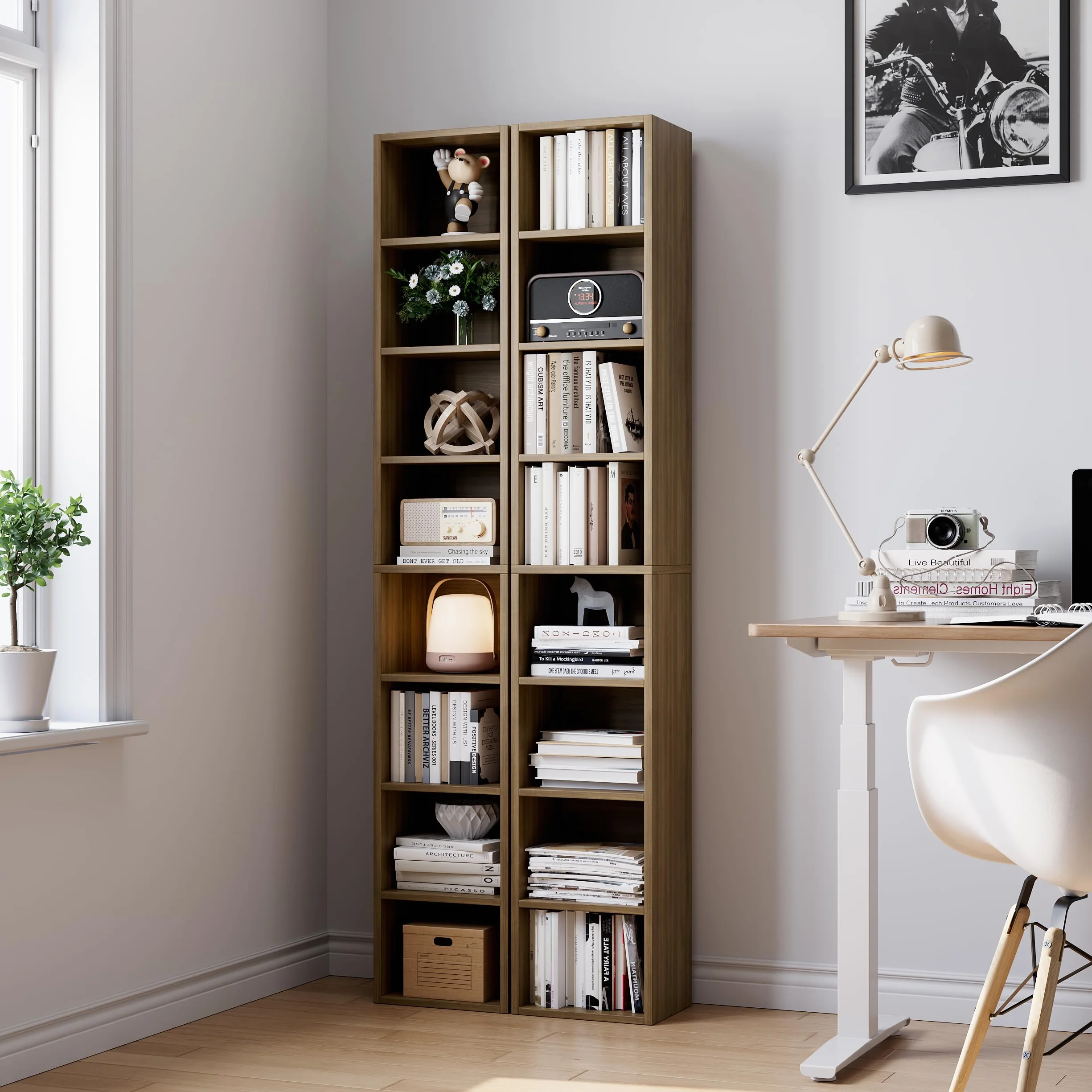 Bamjoy 71 Inches Tall Narrow Bookshelf, 8-Tier Slim CD DVD Media Shelf, Corner Bookcase with Adjustable Shelves, Cube Skinny Bookshelf for Home Office Small Space, Light Walnut