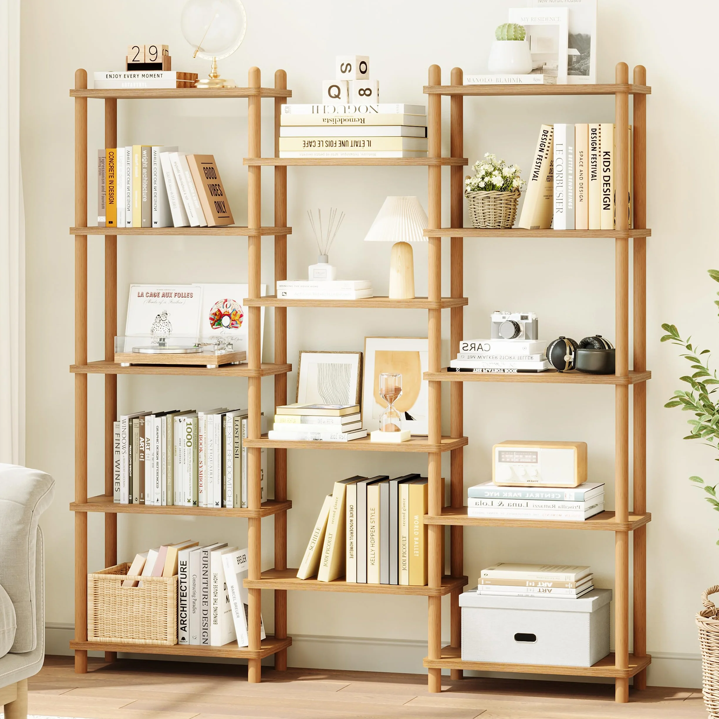 IOTXY Wooden Triple Wide Bookshelf, 5-Tier Large Open Bookcase, Oak | Beech Wood Frame, 14 Open Shelves, Display Storage for Books, Plants, and Decor, Living Room, Home Office
