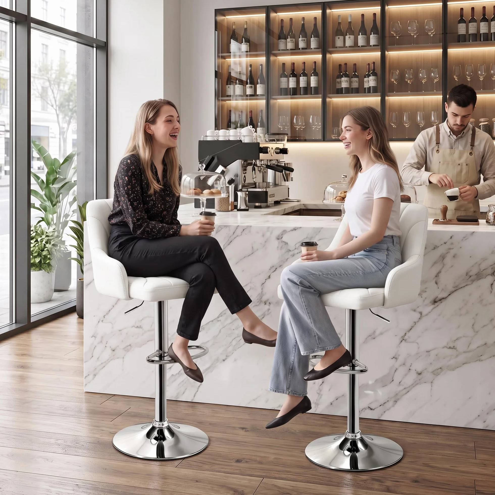 VECELO Bar Stools Set of 2, Adjustable Barstools, Counter Height Stools with Back and Arm, Kitchen Island Stools, Swivel PU Leather Stools, Modern Style, White