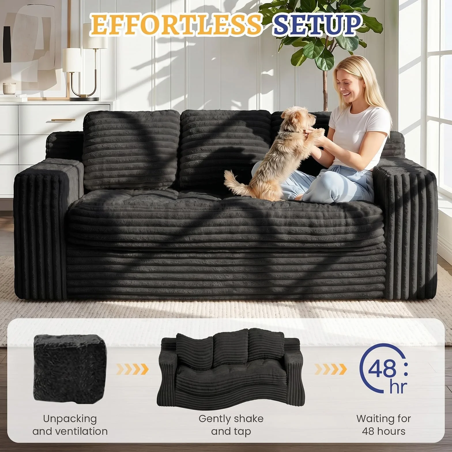 Boneless Couch, Cloud Loveseat Sofa Corduroy Couch in a Box, Upholstered Boneless 3 Seater Couch for Living Room Bedroom Office Apartment, No Assembly Required, Black
