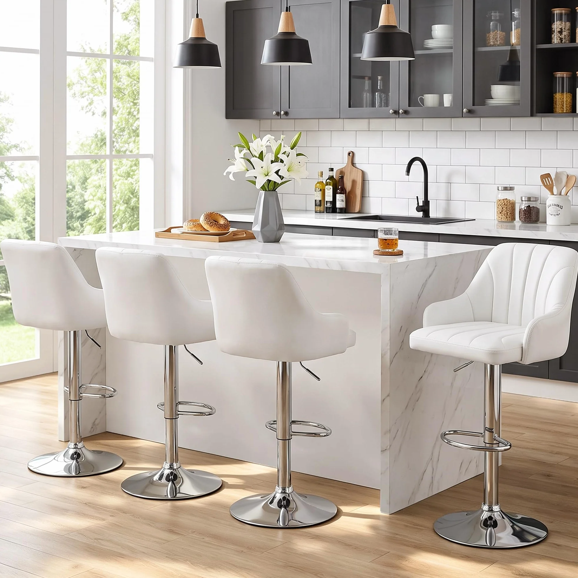 VECELO Bar Stools Set of 2, Adjustable Barstools, Counter Height Stools with Back and Arm, Kitchen Island Stools, Swivel PU Leather Stools, Modern Style, White