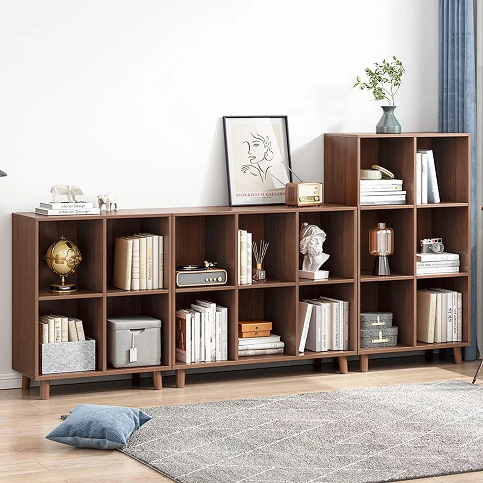 IOTXY Open Cubes Low Bookcase - 2-Tier 4-Cube Short Bookshelf in Walnut | Nordic Minimalist Style, MDF Material, Solid Wood Legs, Deep Storage Cubes, Free Standing Wooden Cabinet Organizer Unit