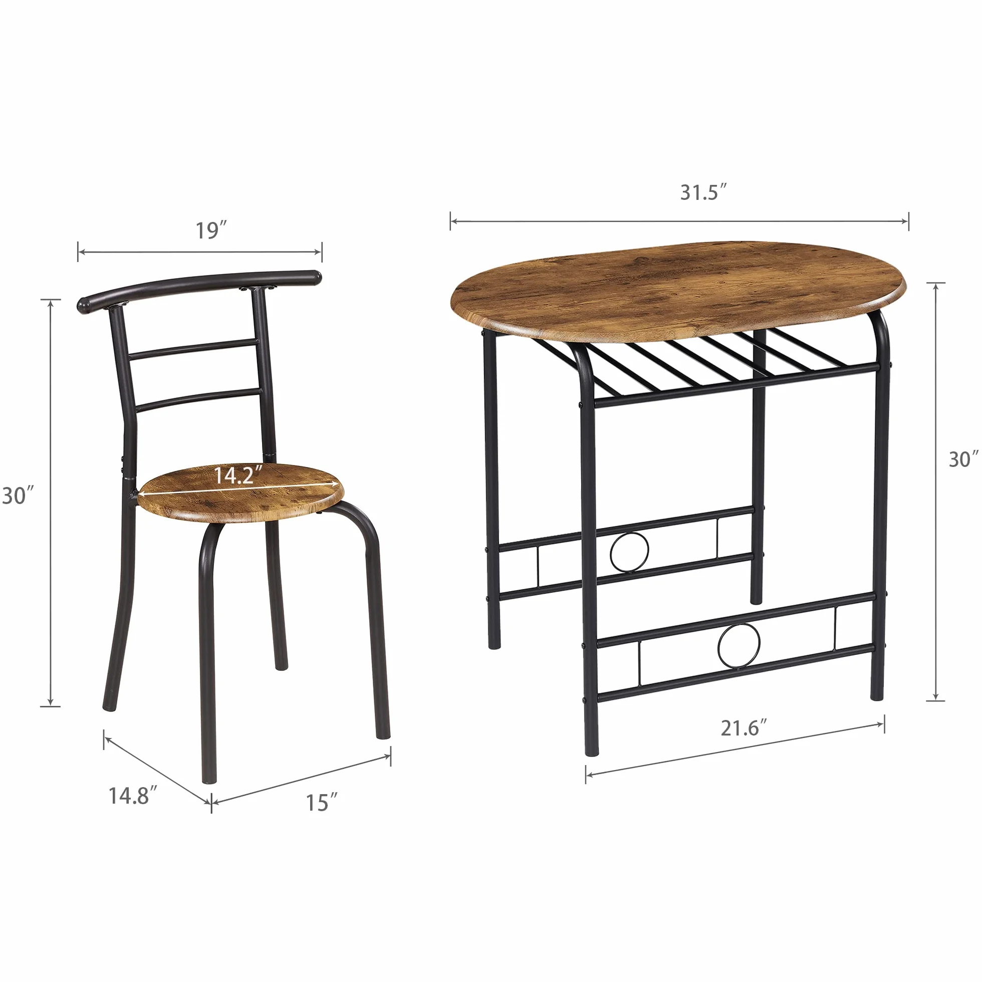 VECELO 3-Piece Dining Table Set for Kitchen Breakfast Nook, Wood Grain Oval Tabletop and Metal Frame with Built-in Wine Rack, for Small Spaces, 31.5", Antique & Black