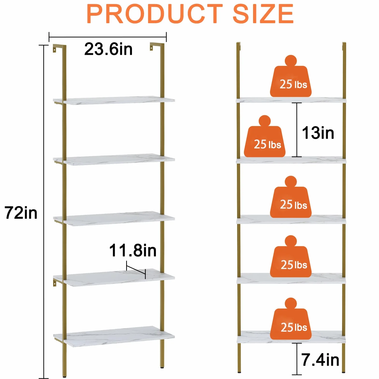 Wolawu Ladder Shelf 5 Tiers Wall Mounted Bookshelf 2-Piece White Marble Modern Bookshelf Open Tall Storage Bookcase Standing Leaning Wall Shelves Industrial Decorative for Home Office Living Room