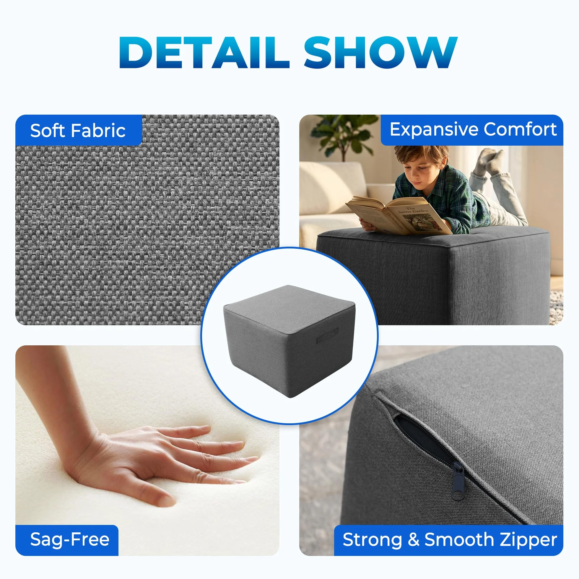 Square Outdoor Ottoman Pouf, 24" Waterproof Patio Foot Rest, Dark Gray | Ottoman Foot Rest, Comfy Footstool, Boneless Ottoman, Solid High-Density Foam, Outside Couch & Seating