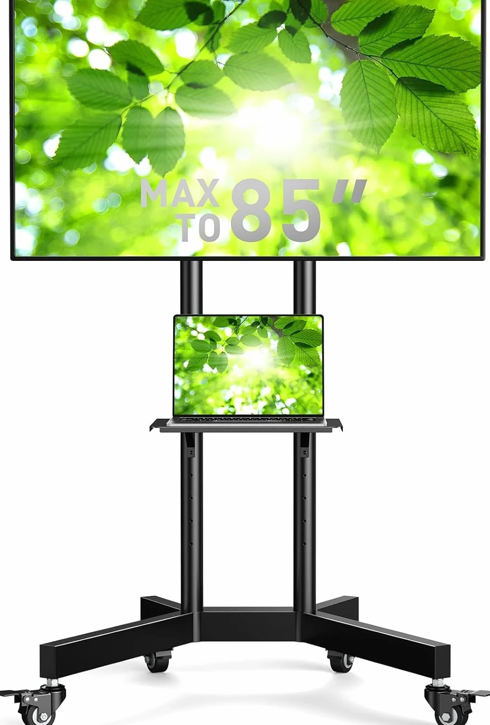 Perlegear Rolling TV Stand, Mobile TV Stand on Wheels for 32-85 Inch Screens up to 132 lbs, Height Adjustable Mobile TV Cart with Metal Shelf, Rolling TV Cart with Lockable Wheels Max VESA 600x400mm