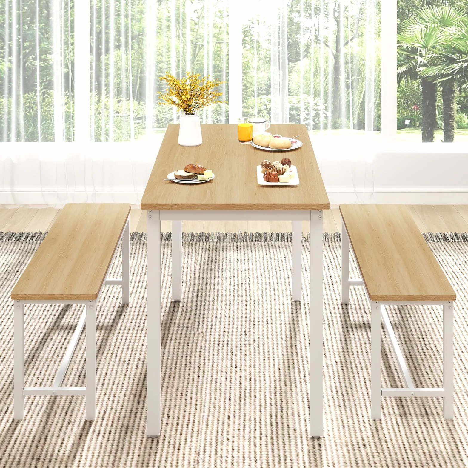Rovibek 43" Dining Room Table Chairs Set for 4, Modern Space Saving Kitchen Table with 2 Benches & Adjustable Feet Breakfast Table, Wooden Industrial Style Farmhouse, White