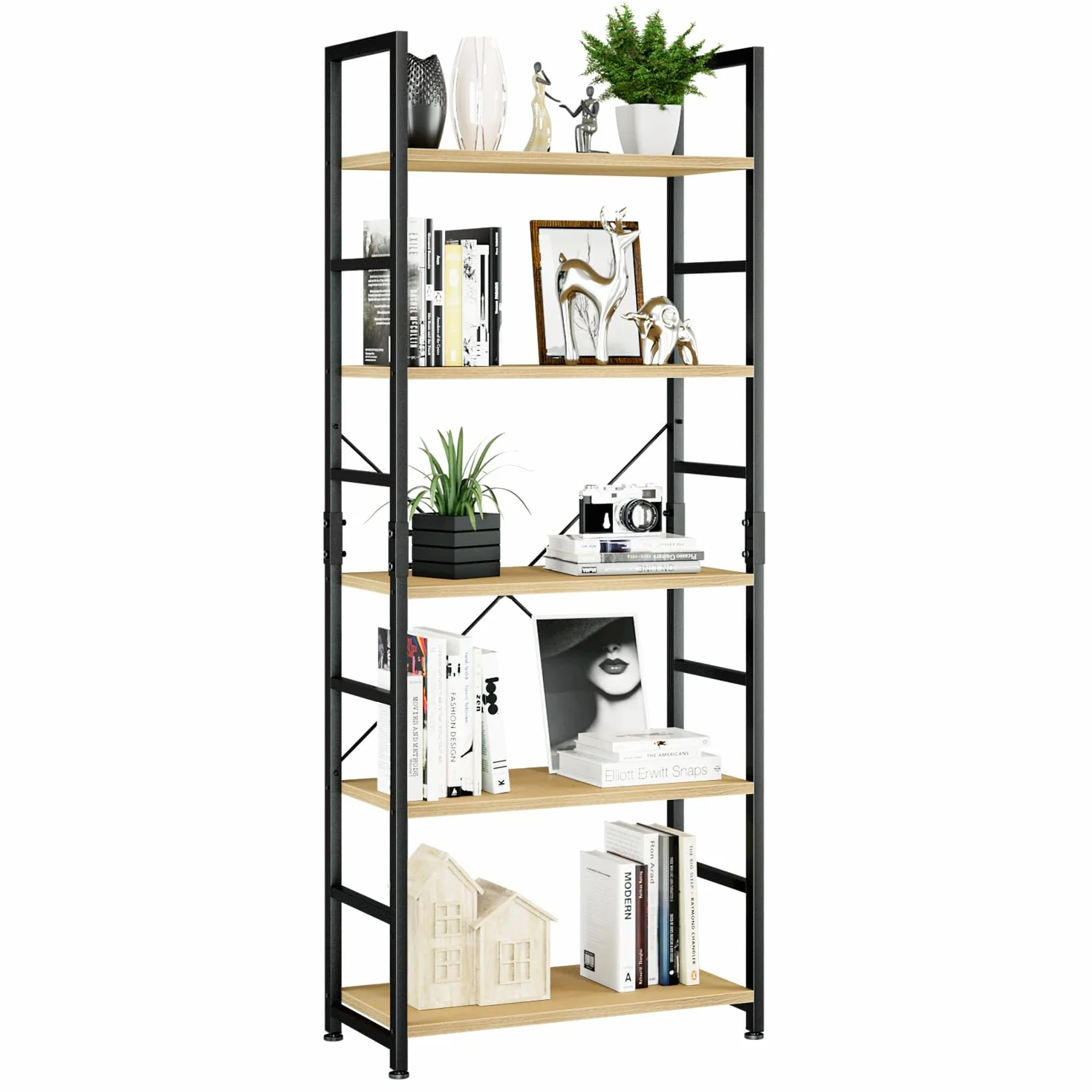 NUMENN 5 Tier Bookshelf, Tall Freestanding Open Storage Bookcase, Natural | Storage Organizer with Metal Frame & Wood Shelves, Support Bars & Adjustable Feet for Bedroom, Living Room & Home Office