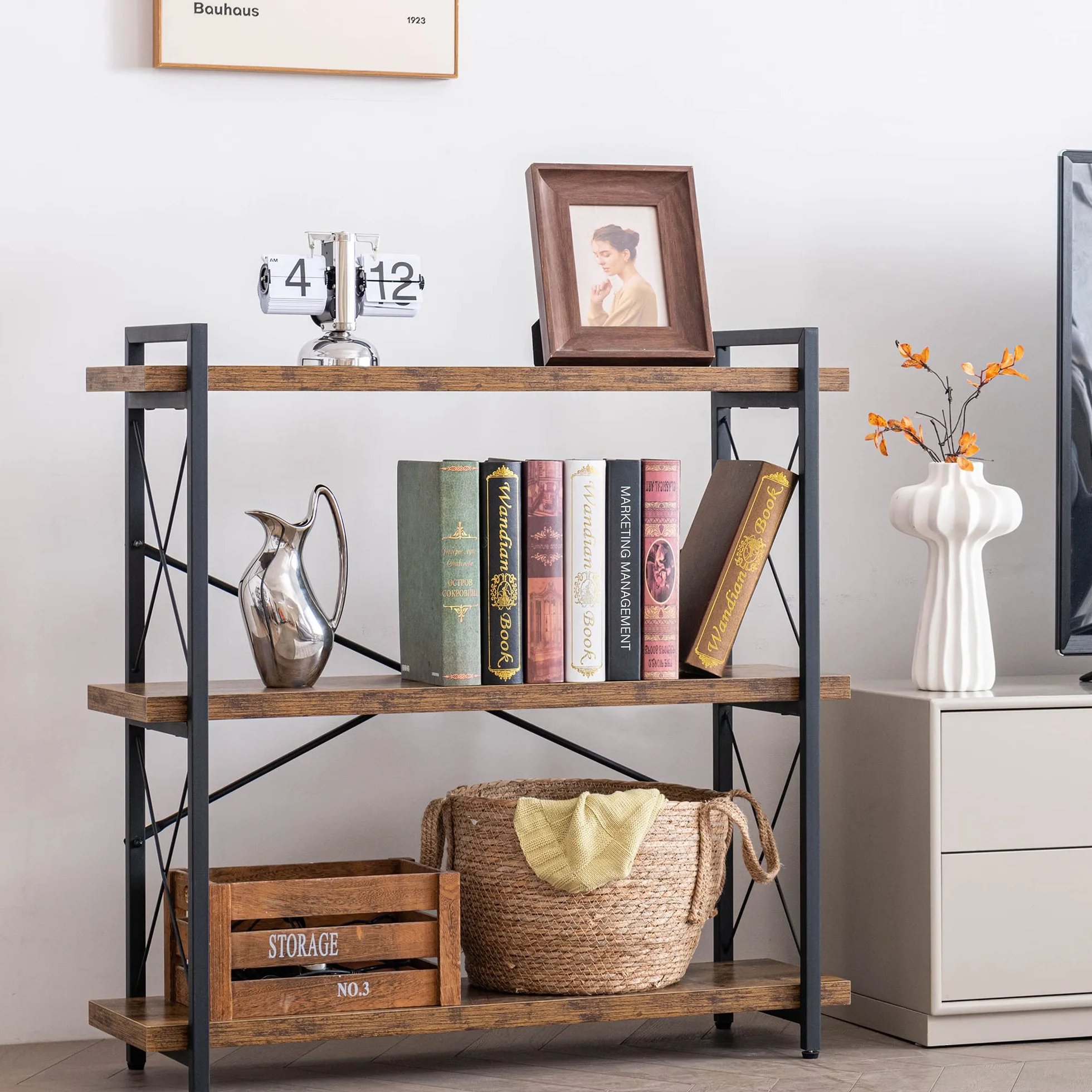 HCHQHS 3-Tier Industrial Bookshelf, 35" W x 12" D x 35" H | 1.2" Shelf Thickness, 14.17" Shelf Height, Wood and Metal, Horizontal, Rustic Brown, for Office Living Room Bedroom