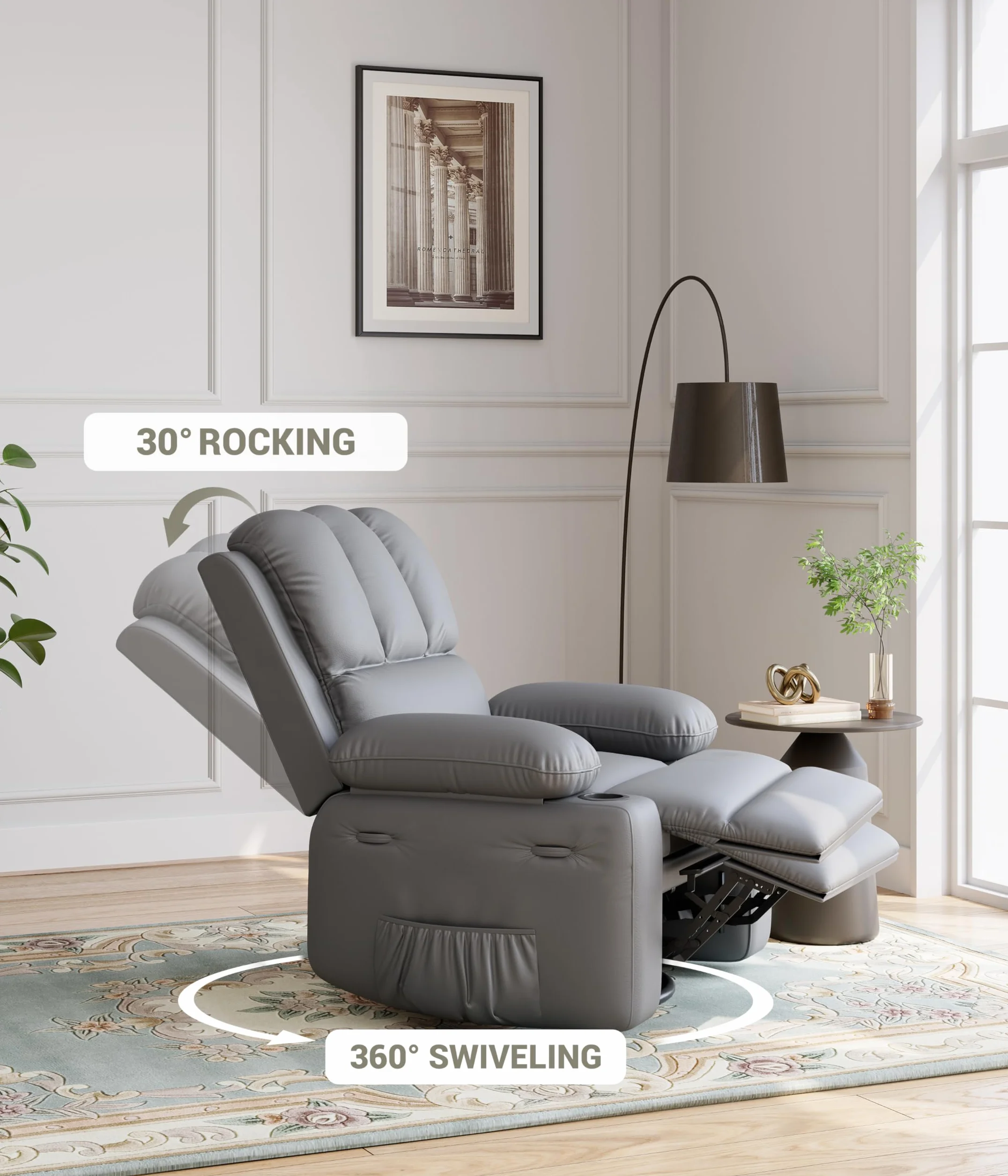 GarveeHome Oversized Recliner Chairs with 1.5X Sponge Filling, 360° Swivel Lazy Recliner Chair for Adults, Manual Rocking Chair with Cup Holder for Living Rooms, Bedrooms, and Nurseries